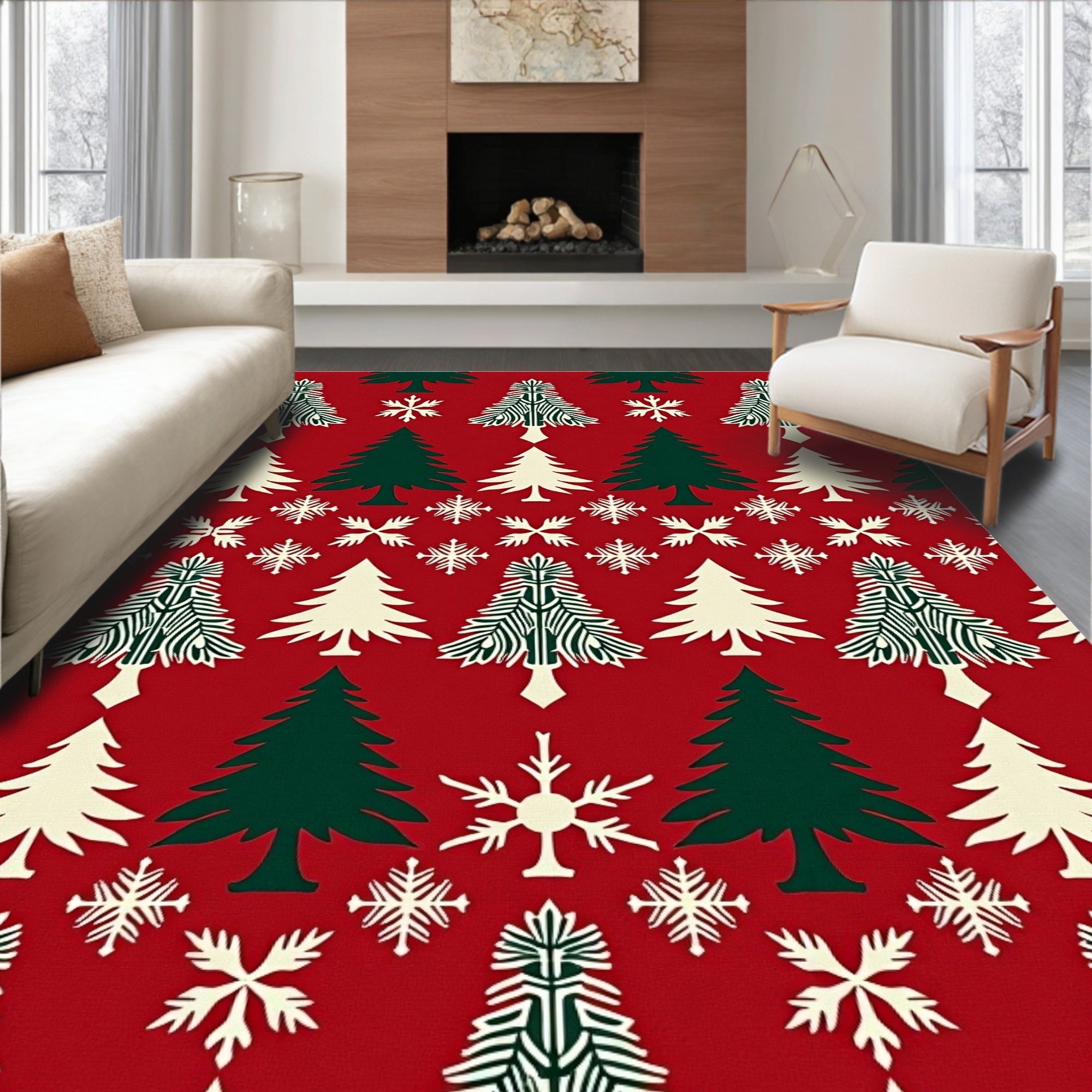 Festive Red Pine and Snowflake Repeat Rug
