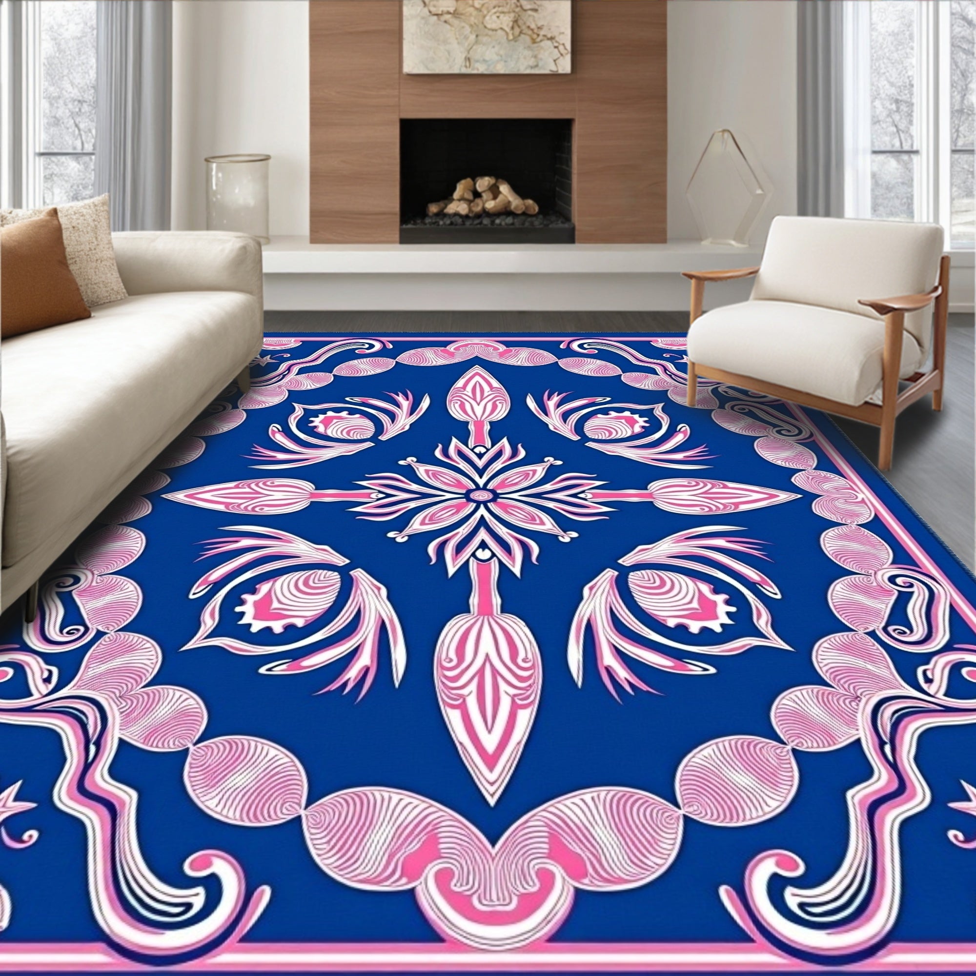 Electric Blue Pink Floral Medallion Rug