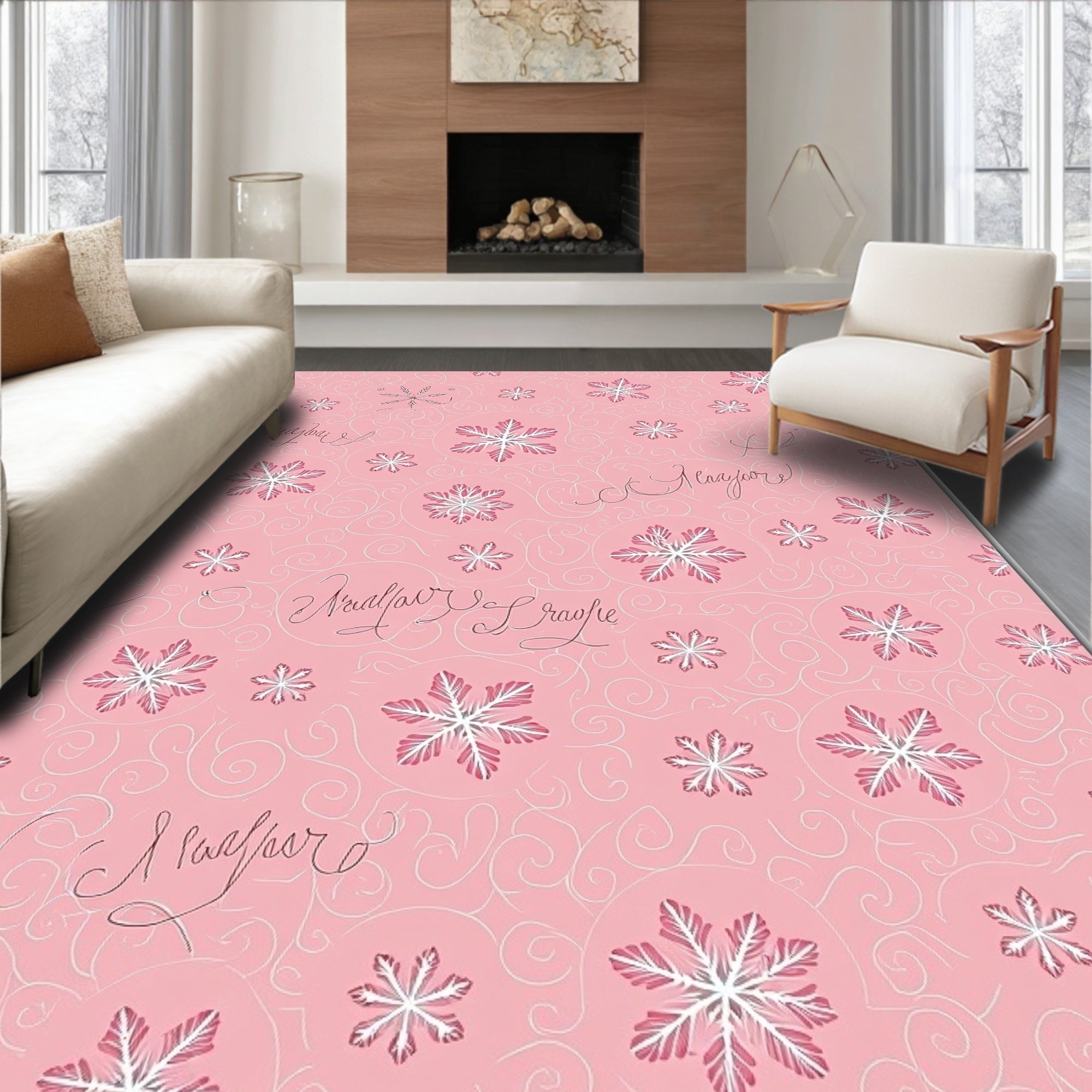 Pink Snowflake Swirls Script Rug