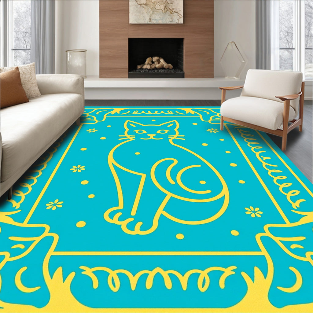 Whimsical Yellow Cat Blue Folk Art Rug