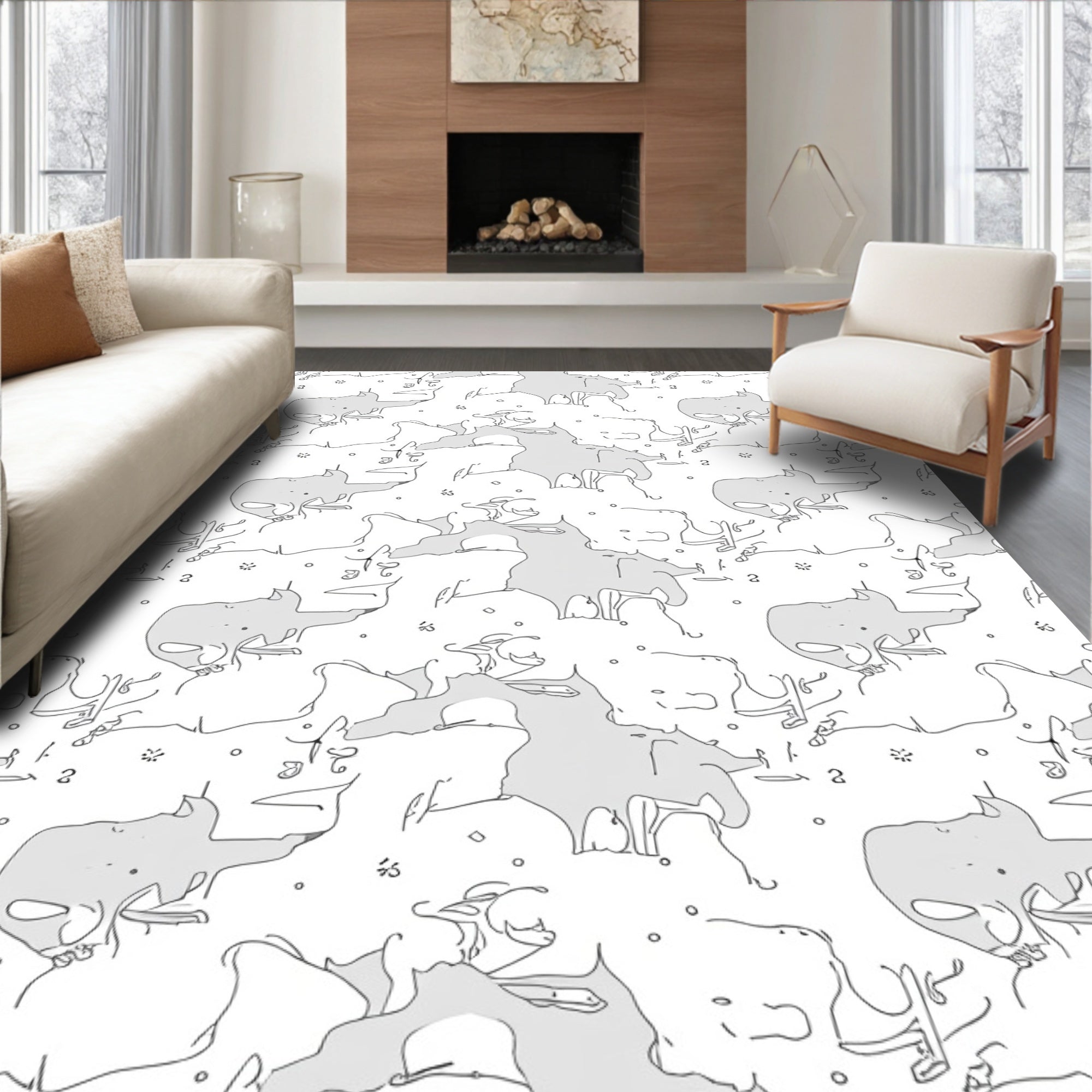 Minimalist Gray Elephant Sketch Repeat Rug