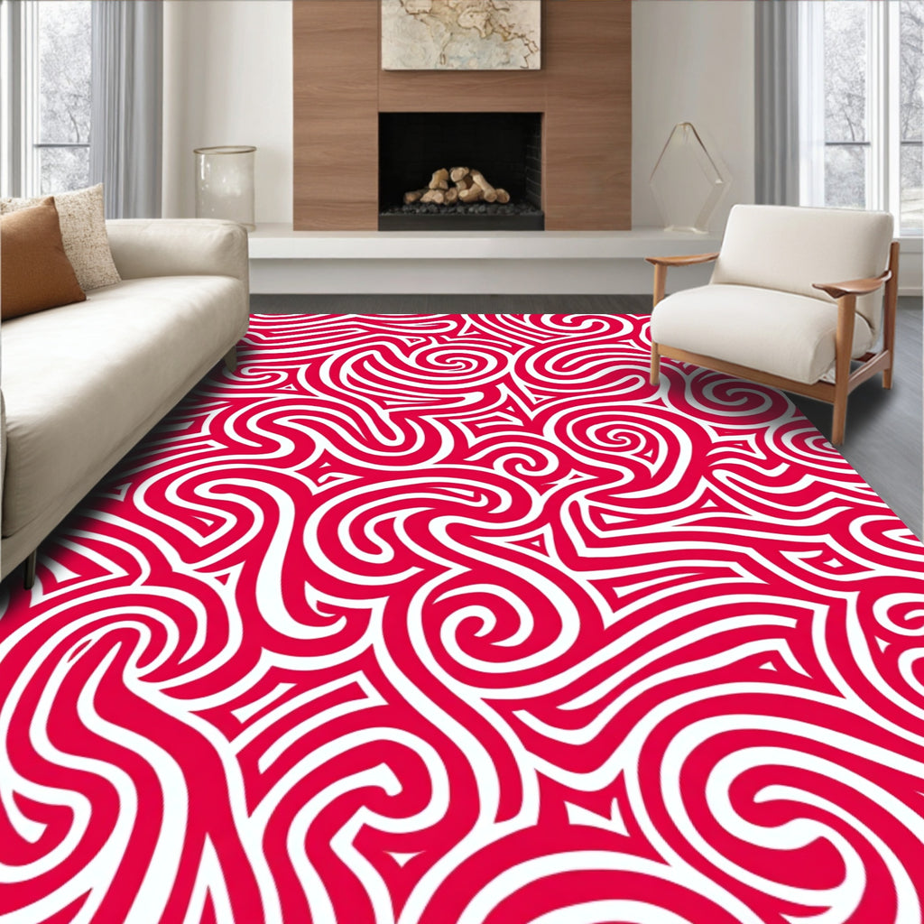 Crimson Swirl Abstract Organic Lines Rug