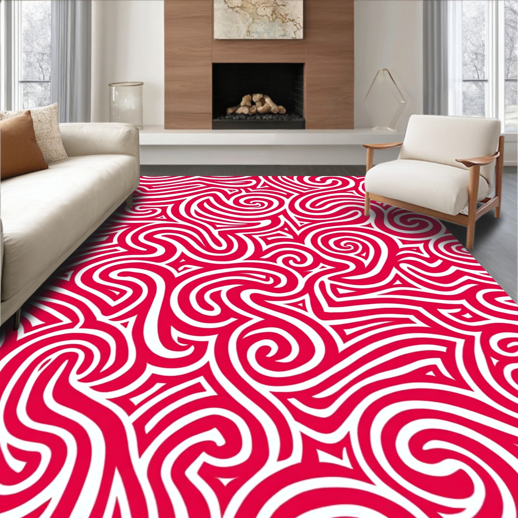 Crimson Swirl Abstract Organic Lines Rug