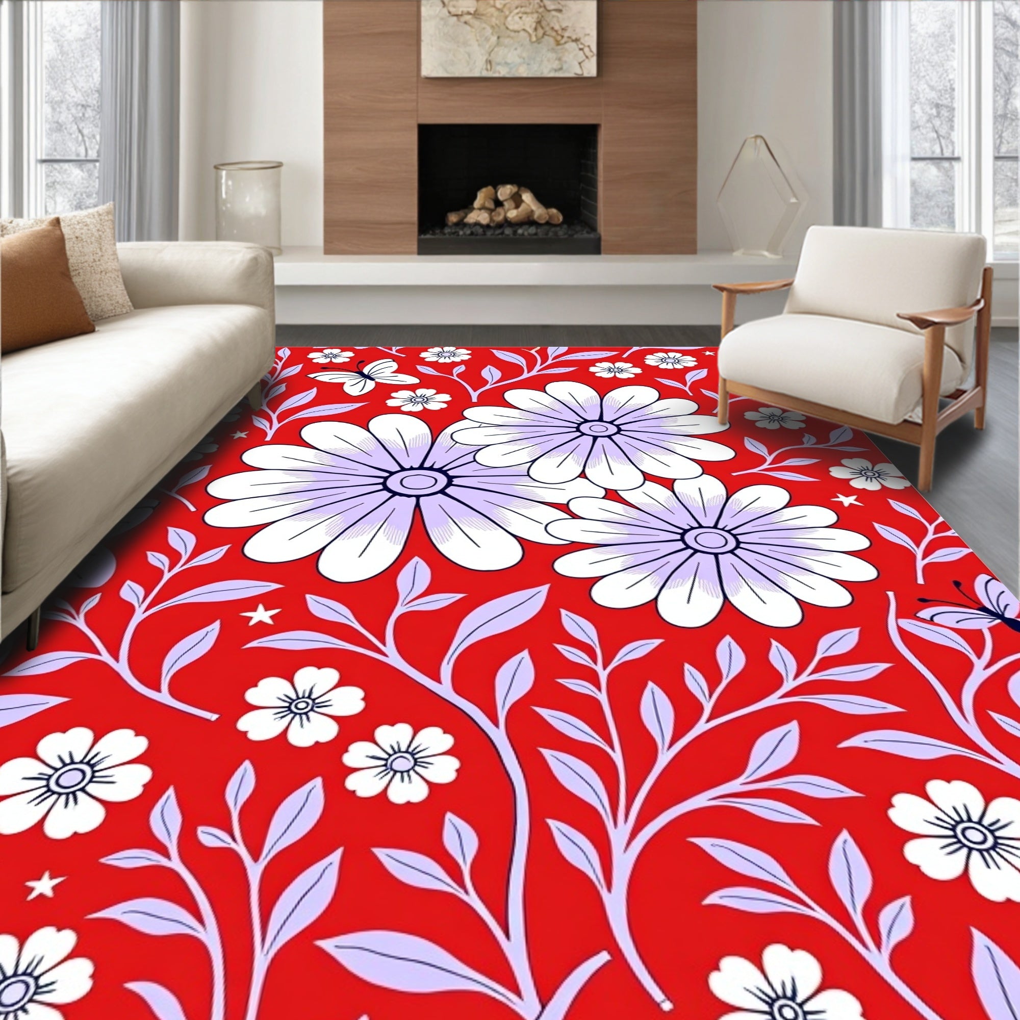 Vibrant Red Butterfly Floral Meadow Rug