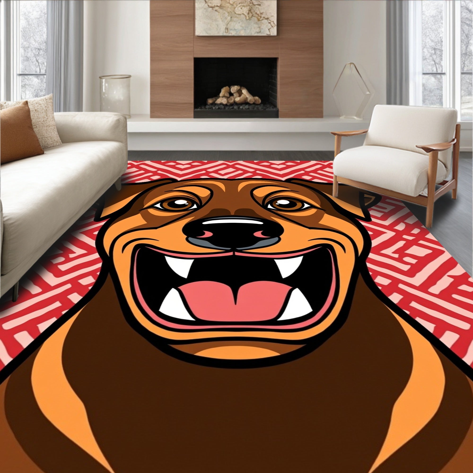 Happy Rottweiler Red Geometric Rug