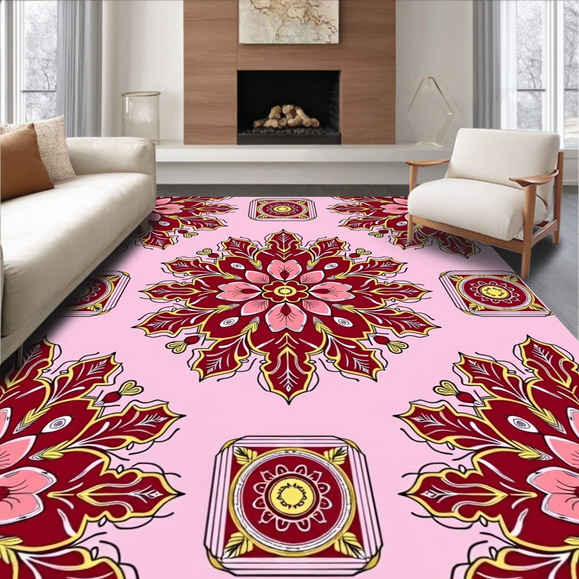 Red Floral Medallion Square Tile Rug