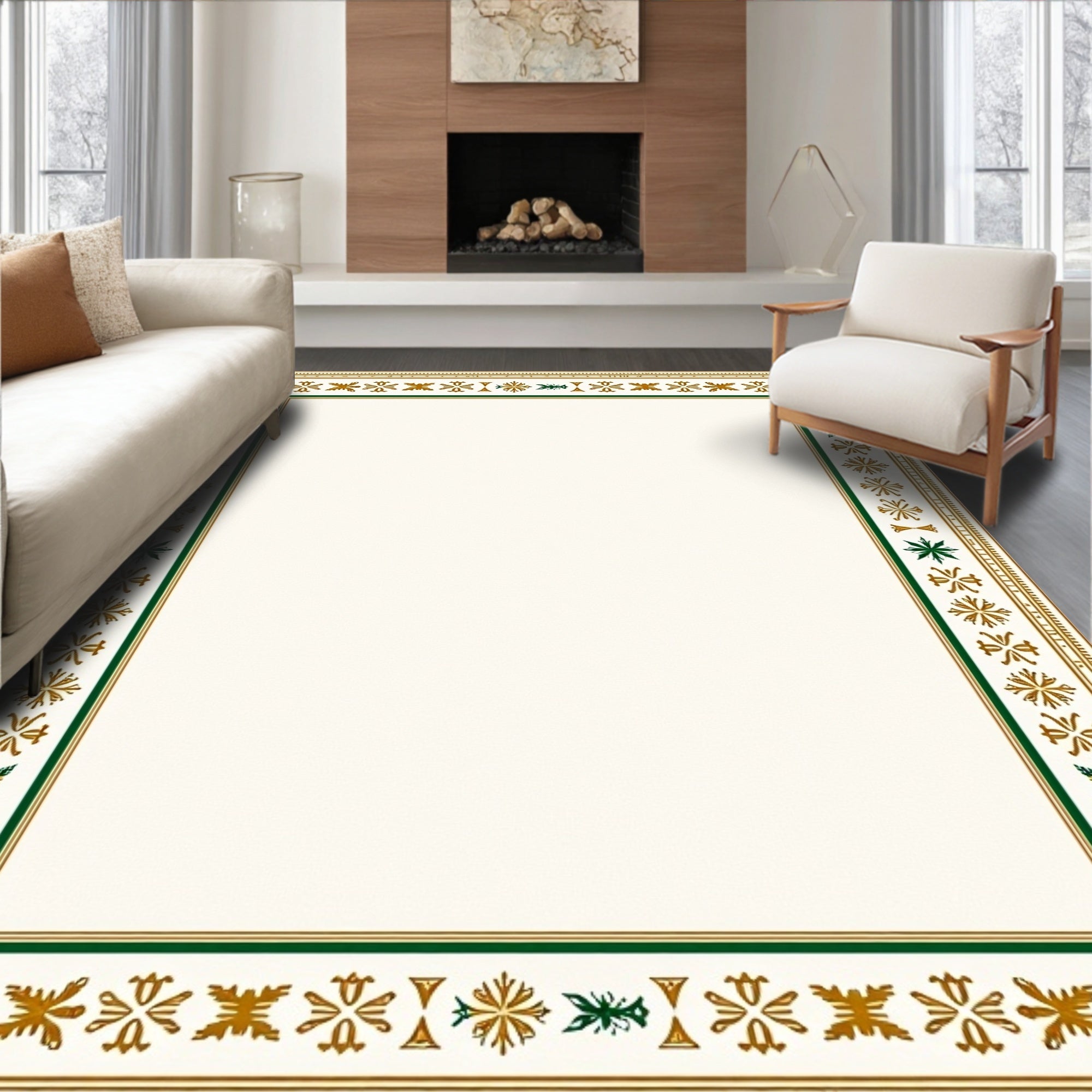 Gold Green Intricate Floral Border Rug