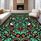 Vibrant Black Teal Orange Nature Scroll Rug