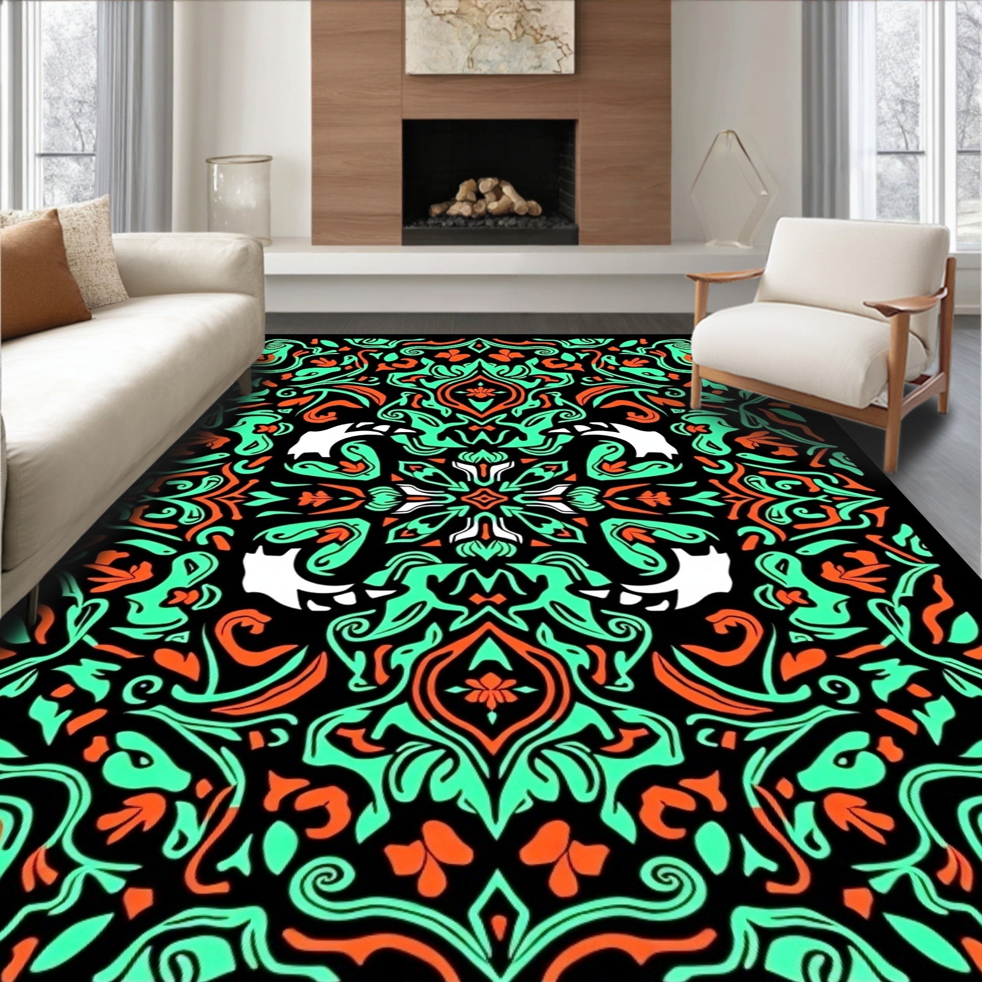 Vibrant Black Teal Orange Nature Scroll Rug