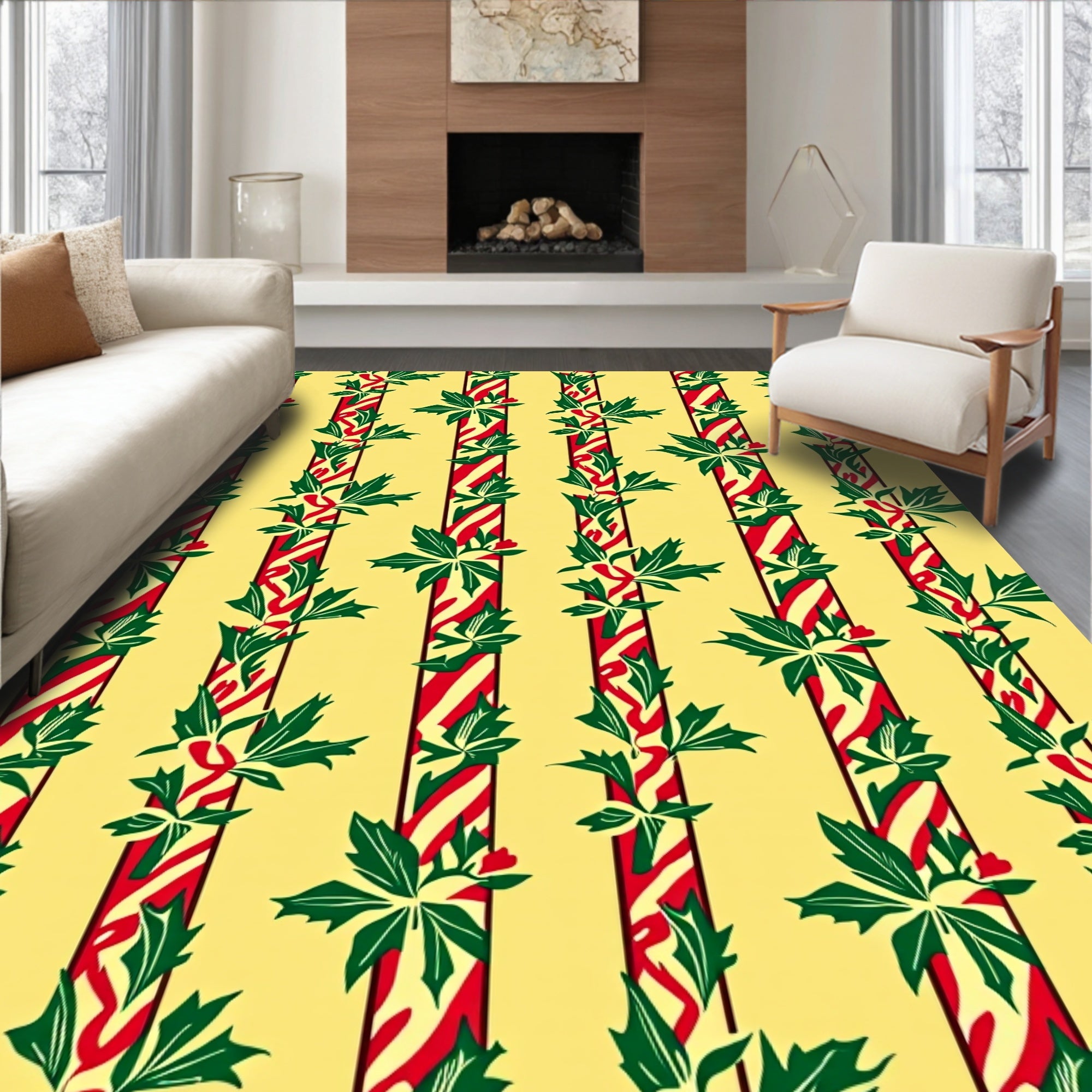 Festive Red Green Leaf Stripe Rug