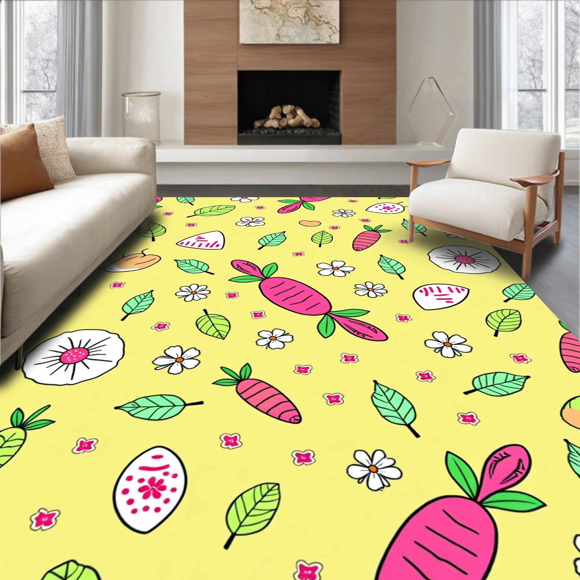 Cute Pink Carrot Floral Yellow Scatter Rug