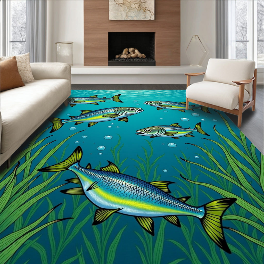 Underwater School Blue Yellow Fish Rug