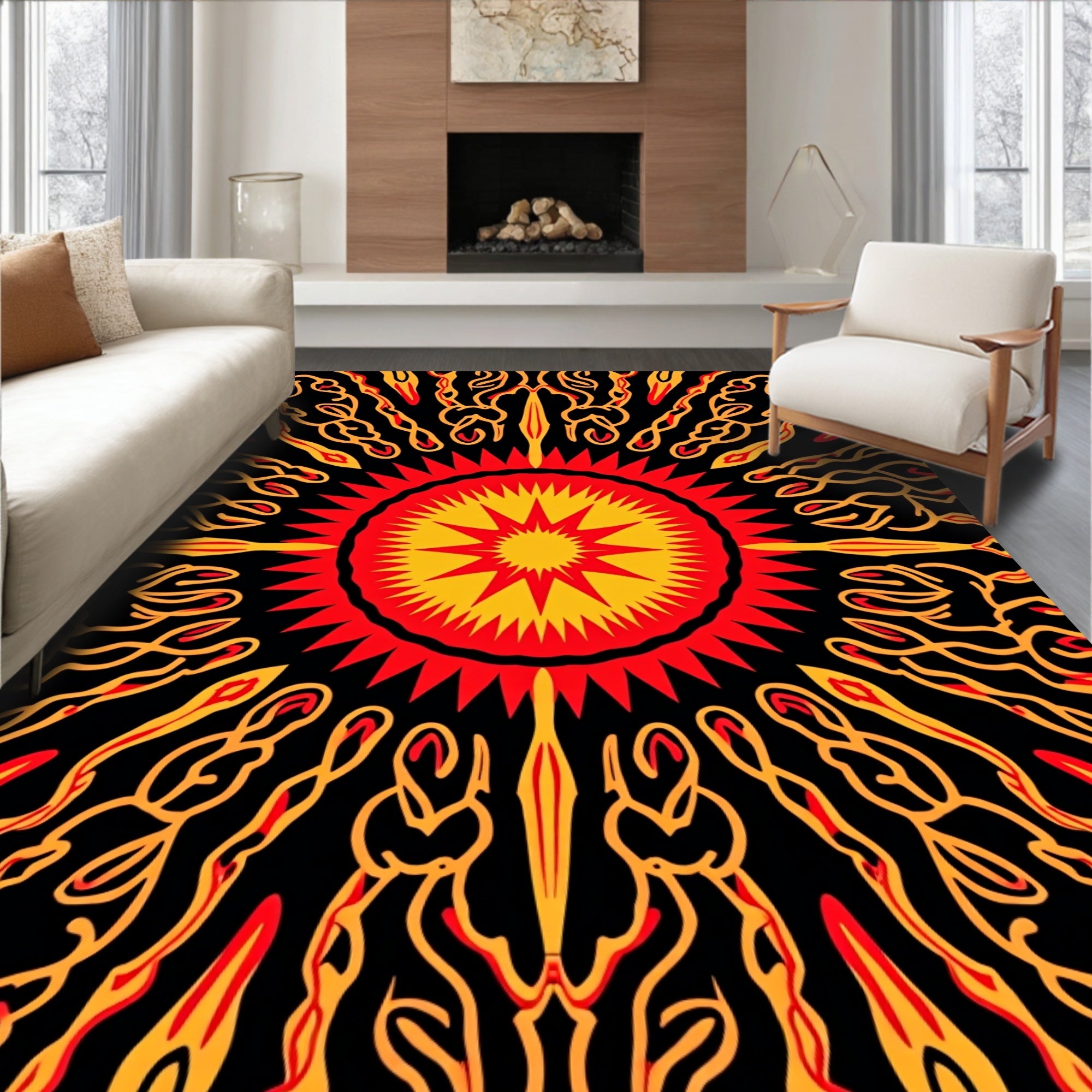 Radiant Sunburst Black Abstract Rug