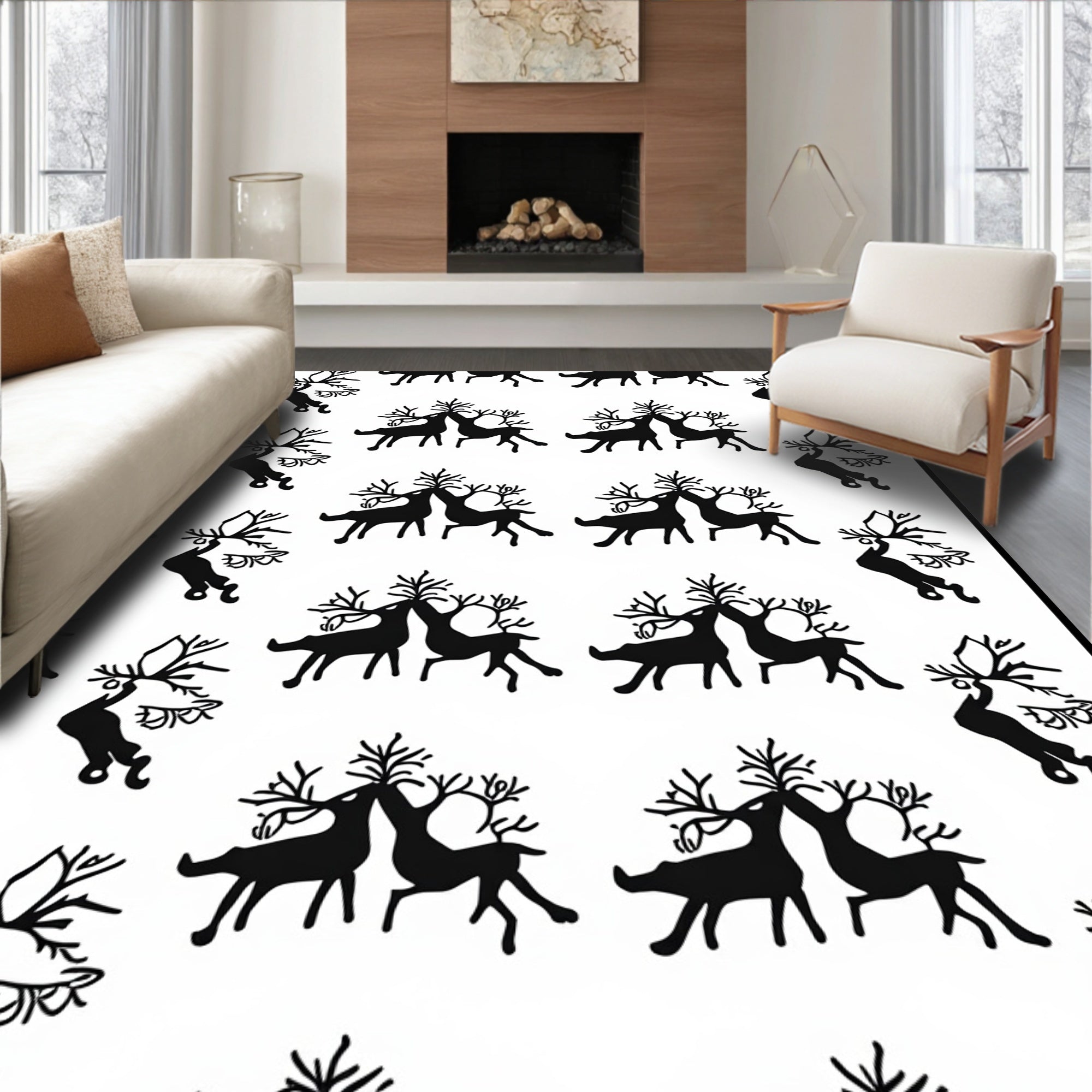 Bold Black Reindeer Silhouette Whimsical Rug