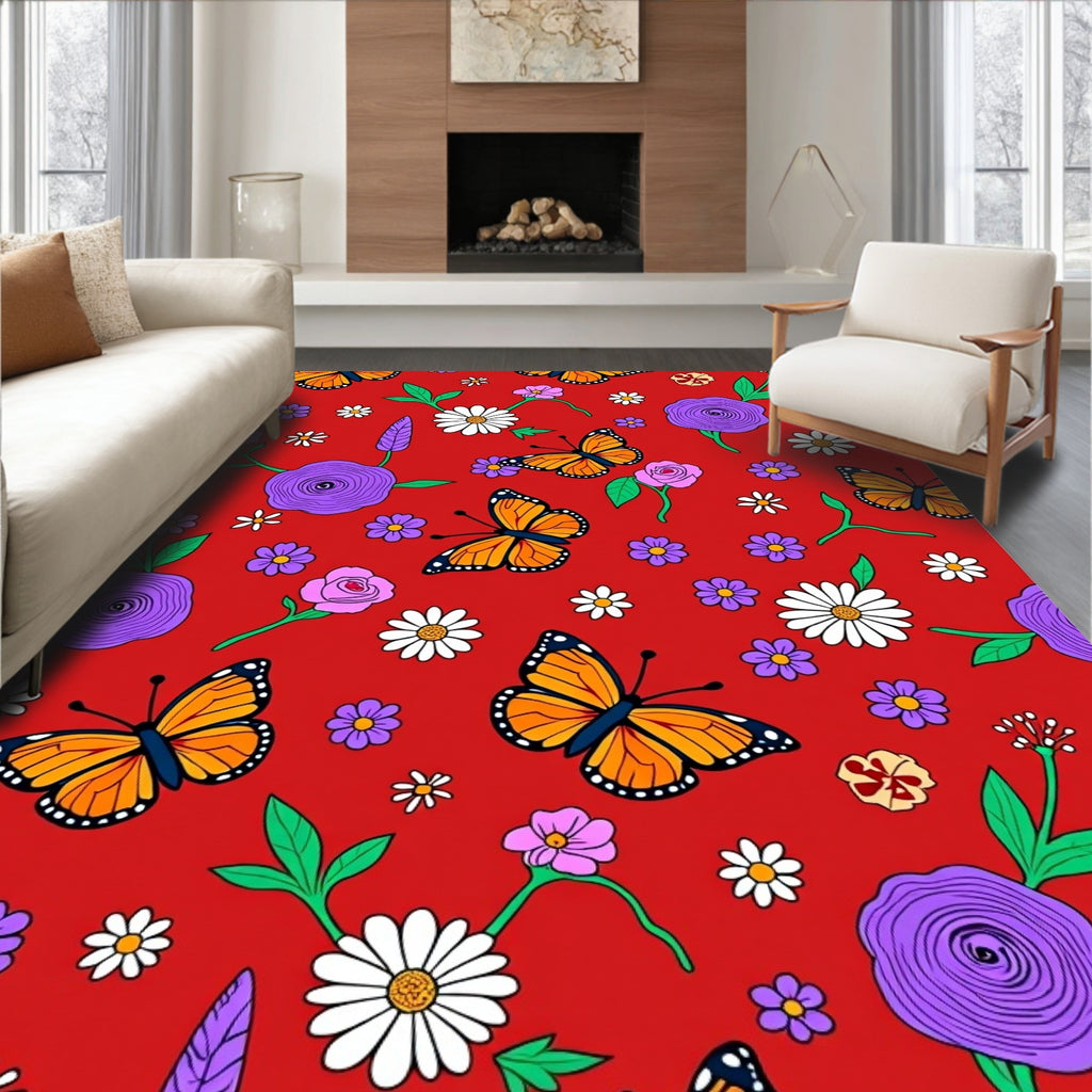 Vibrant Orange Butterfly Floral Bloom Rug