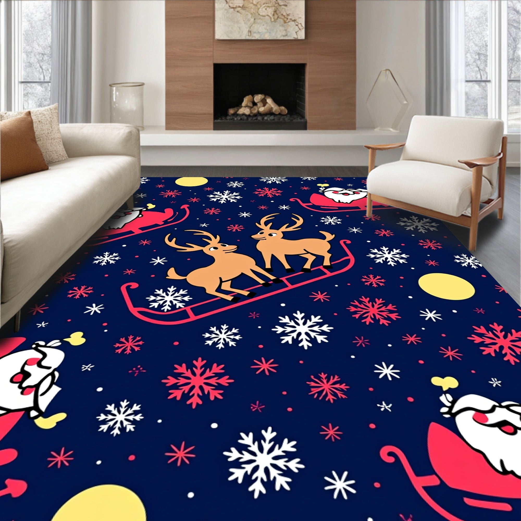Whimsical Santa Reindeer Snowflake Night Rug