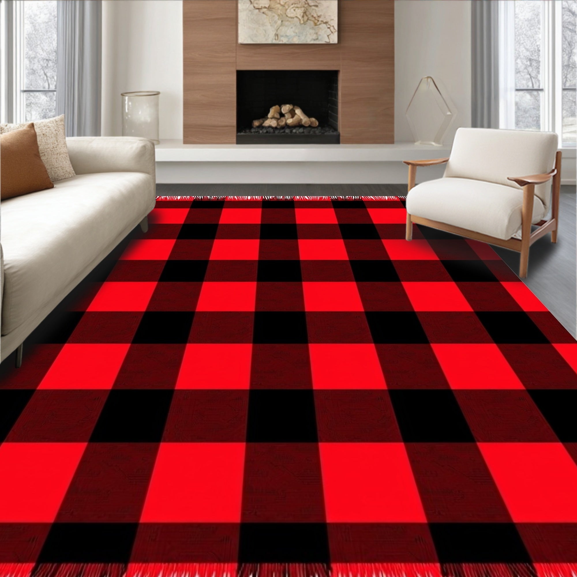 Classic Red Black Plaid Checks Rug