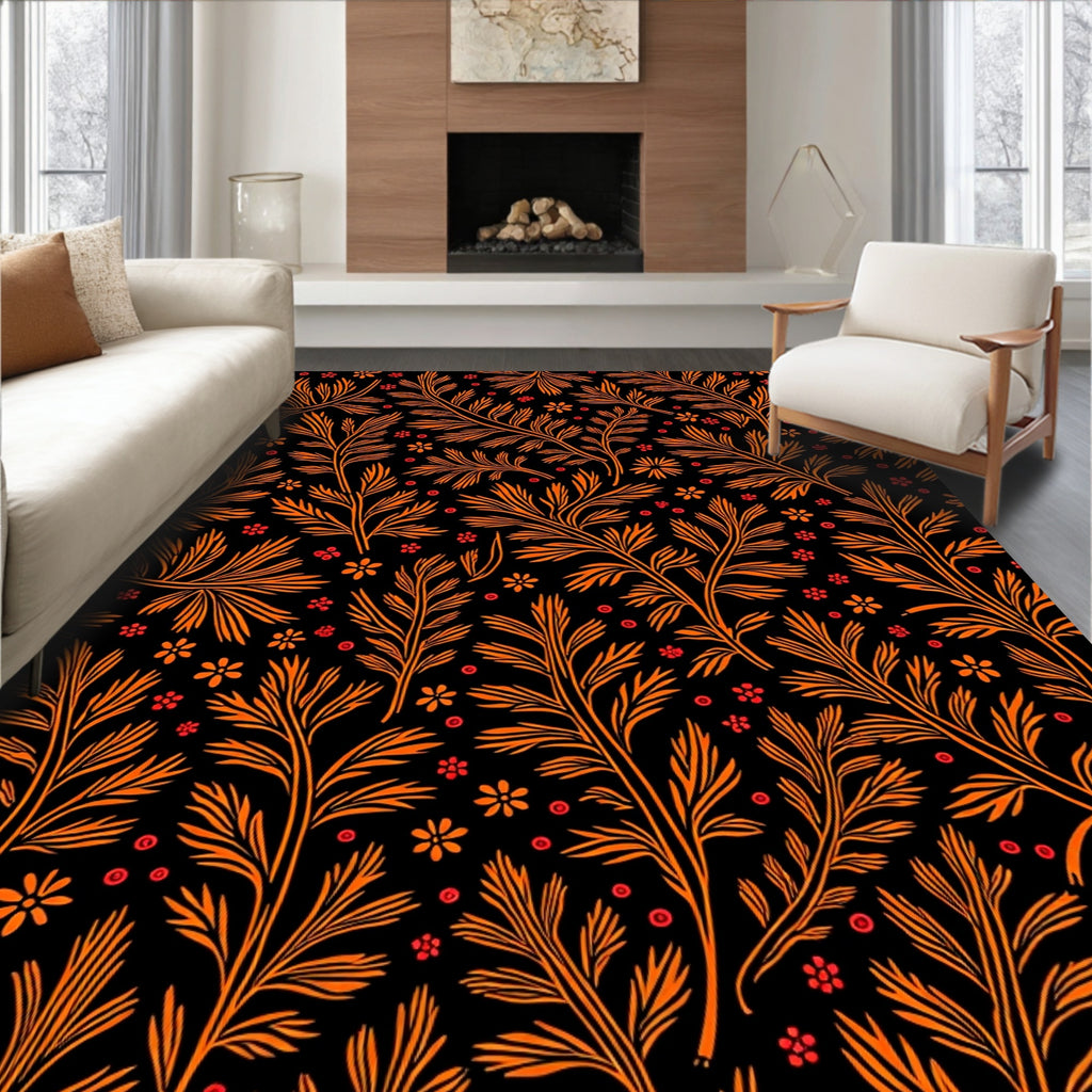 Orange Floral Vine Botanical Black Rug