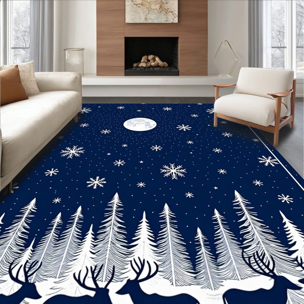 Winter Forest Moonlit Snowflakes Deer Rug