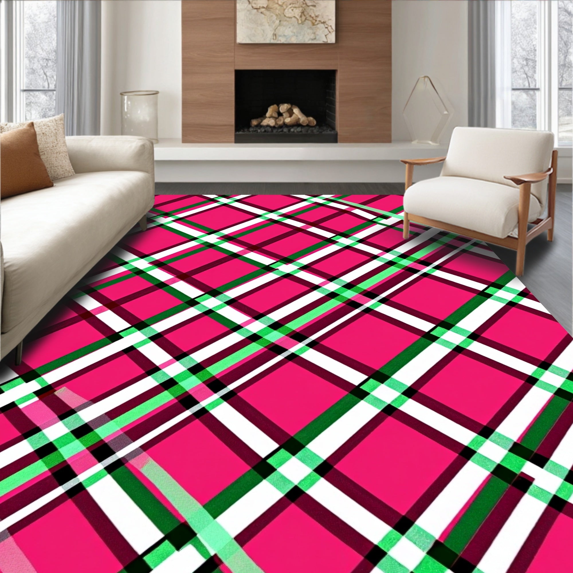 Vibrant Pink Green White Plaid Rug