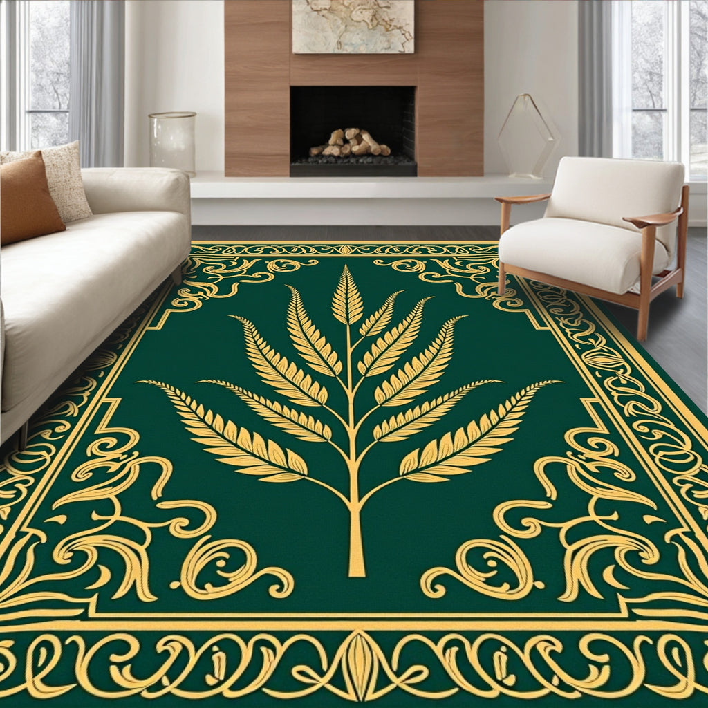 Emerald Golden Leaf Symmetry Border Rug