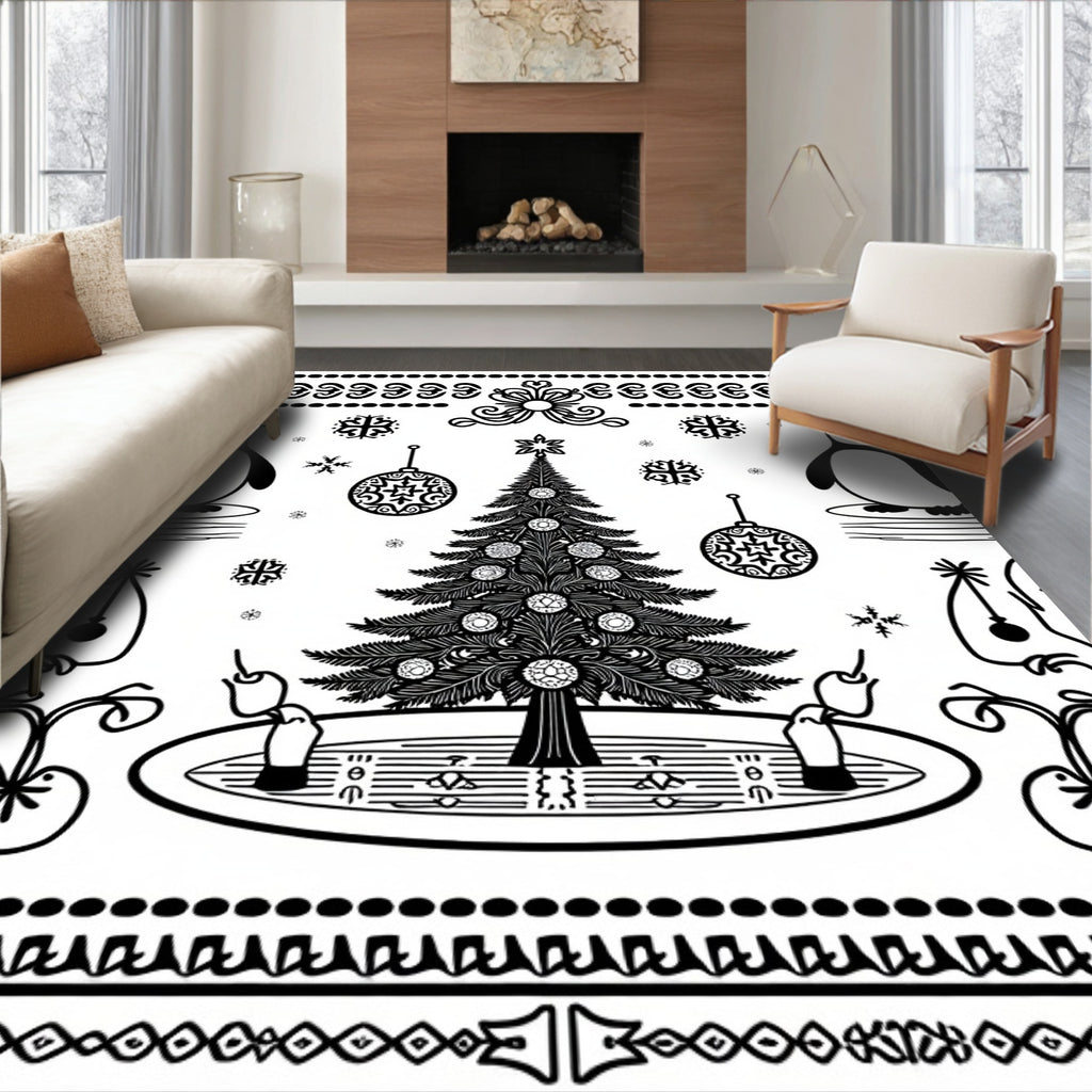 Festive Penguin Christmas Tree Ornaments Rug