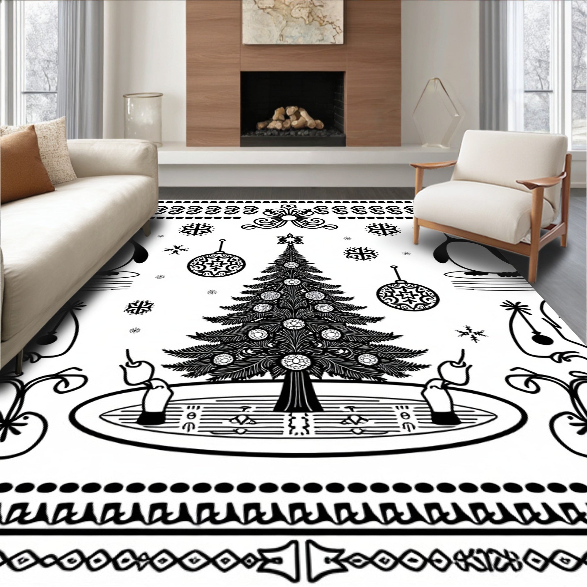 Festive Penguin Christmas Tree Ornaments Rug