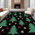 Festive Green Christmas Trees Scattered Snowflakes Rug