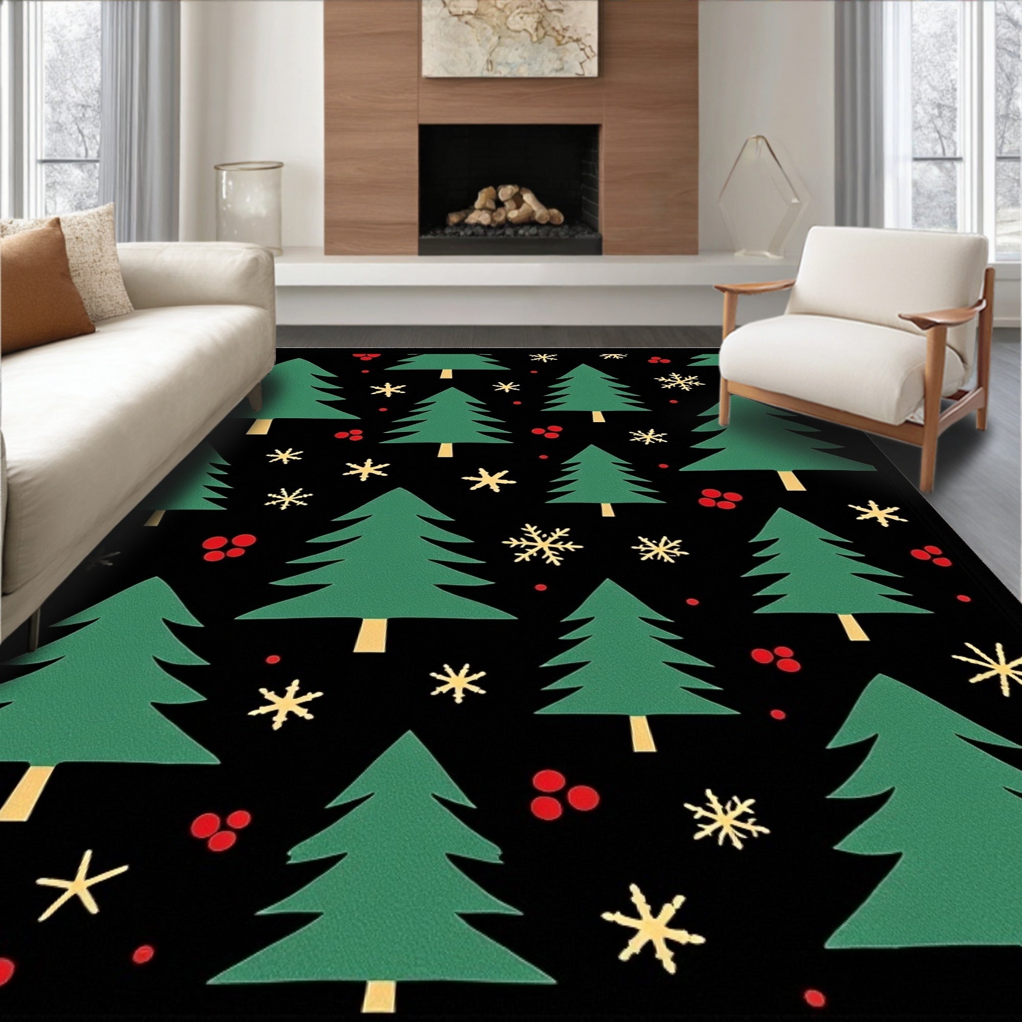 Festive Green Christmas Trees Scattered Snowflakes Rug