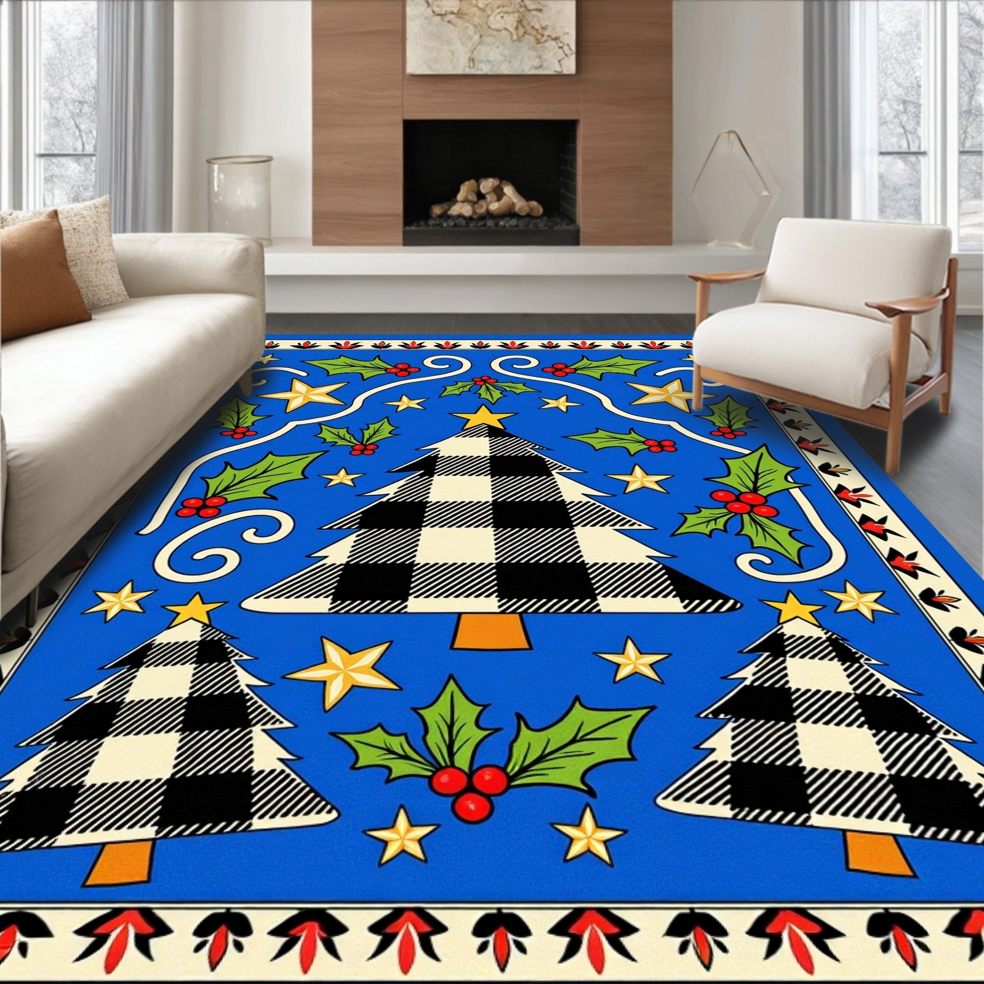 Blue Buffalo Check Christmas Trees Holly Stars Rug