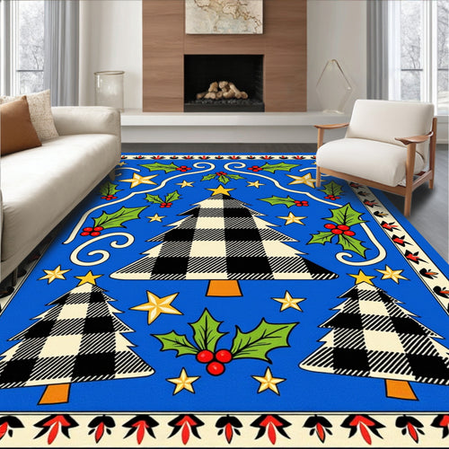 Blue Buffalo Check Christmas Trees Holly Stars Rug