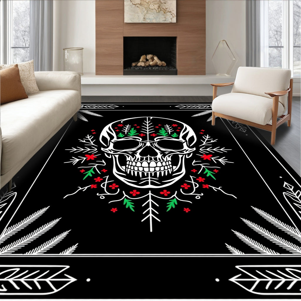 Floral Skull Red Green Botanical Frame Rug