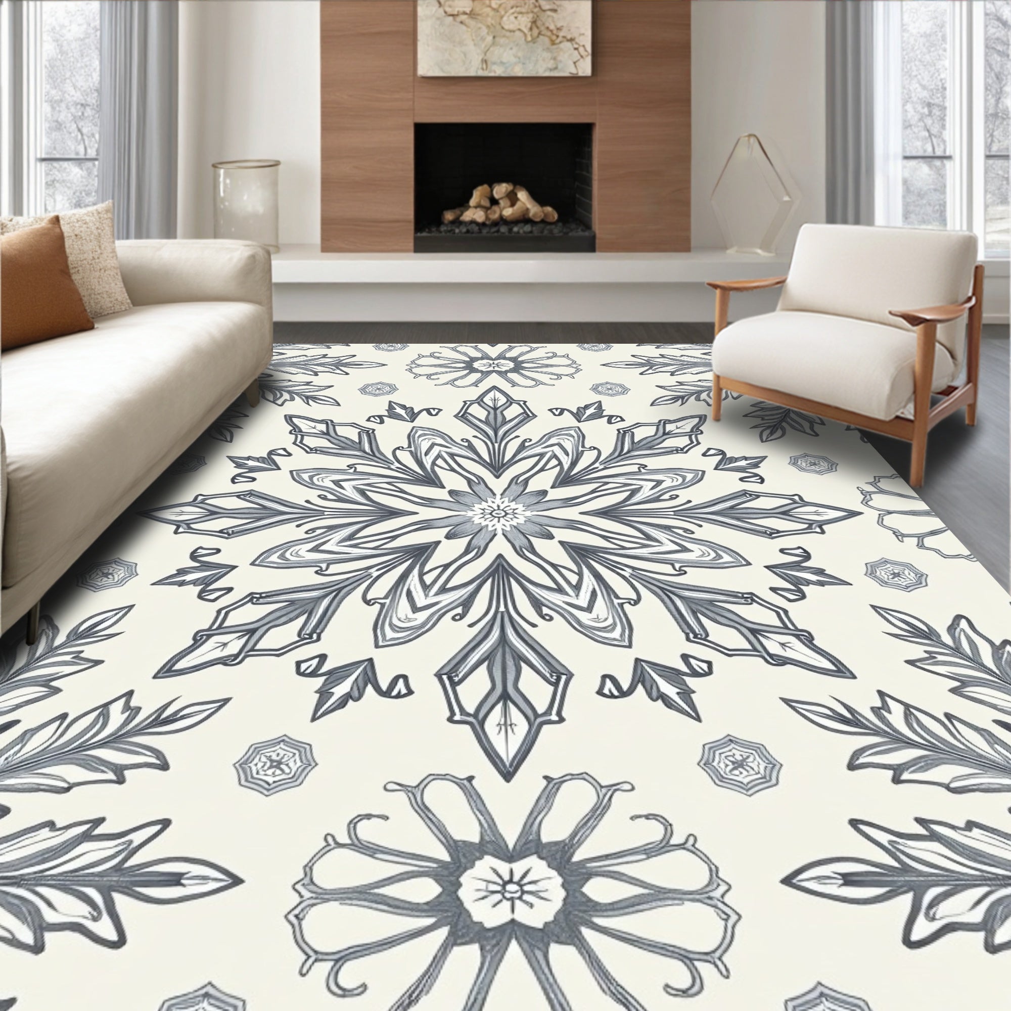 Tonal Gray Intricate Floral Mandala Rug