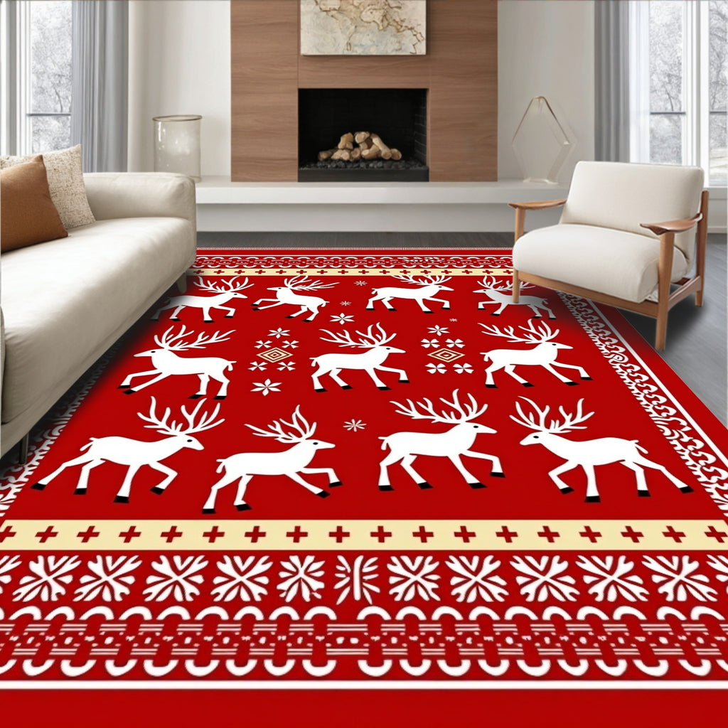 Red White Reindeer Woodland Holiday Rug