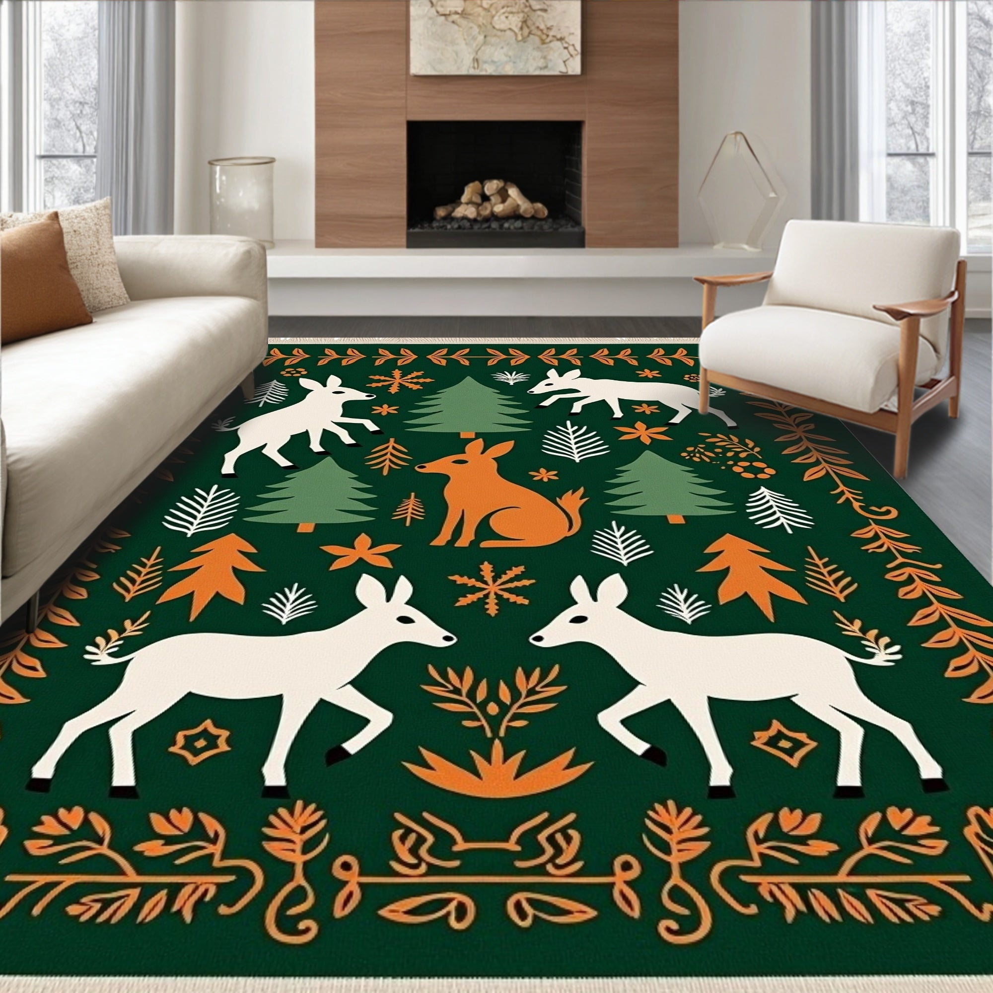 Forest Animals Evergreen Woodland Whimsical Rug