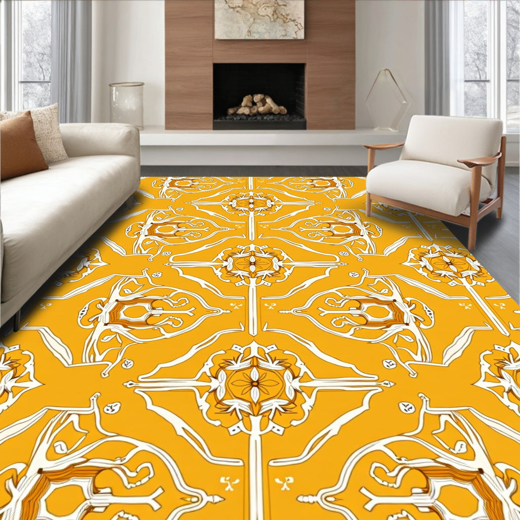 Golden Yellow Ornate Floral Symmetry Rug
