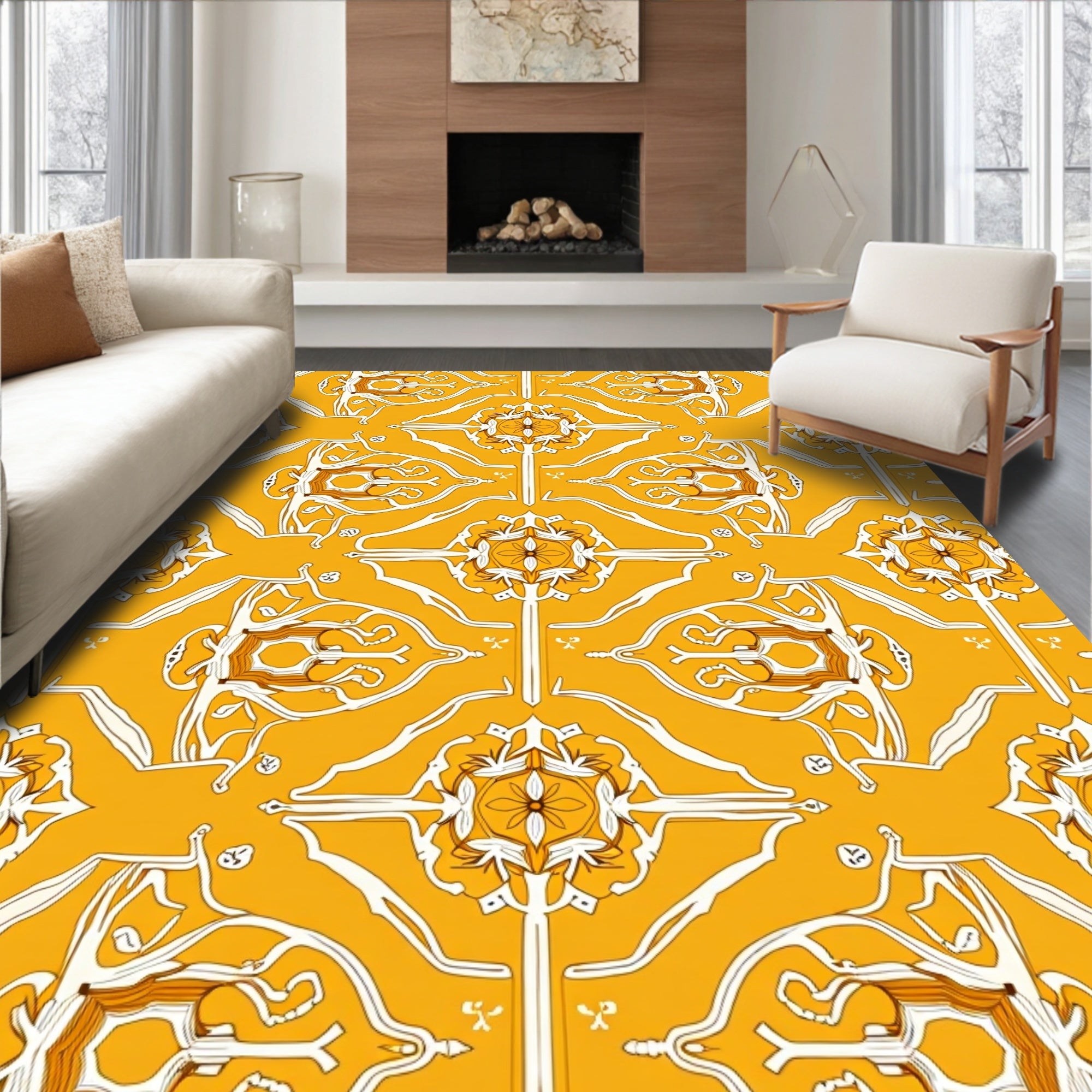 Golden Yellow Ornate Floral Symmetry Rug