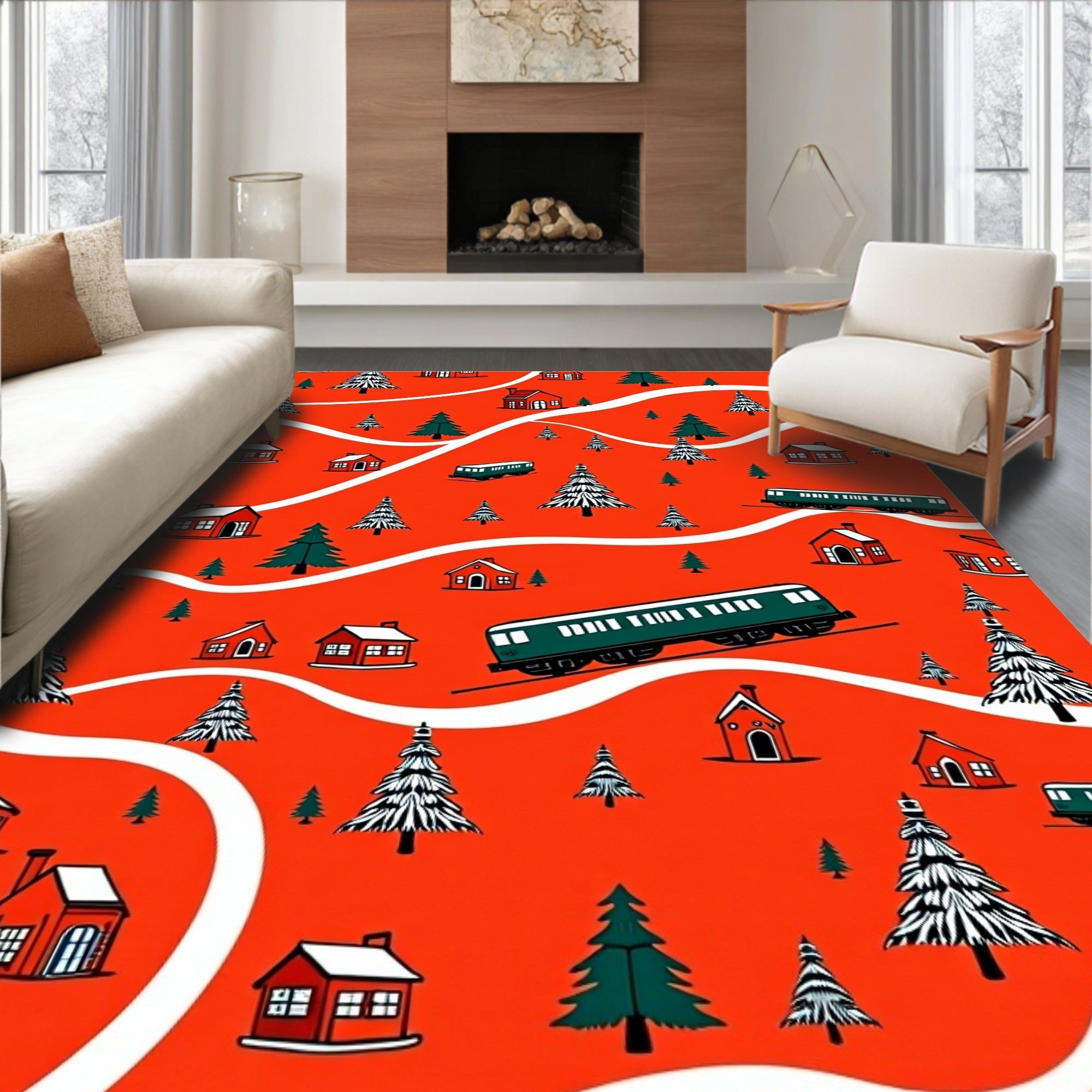 Red Christmas Village Train Landscape Rug
