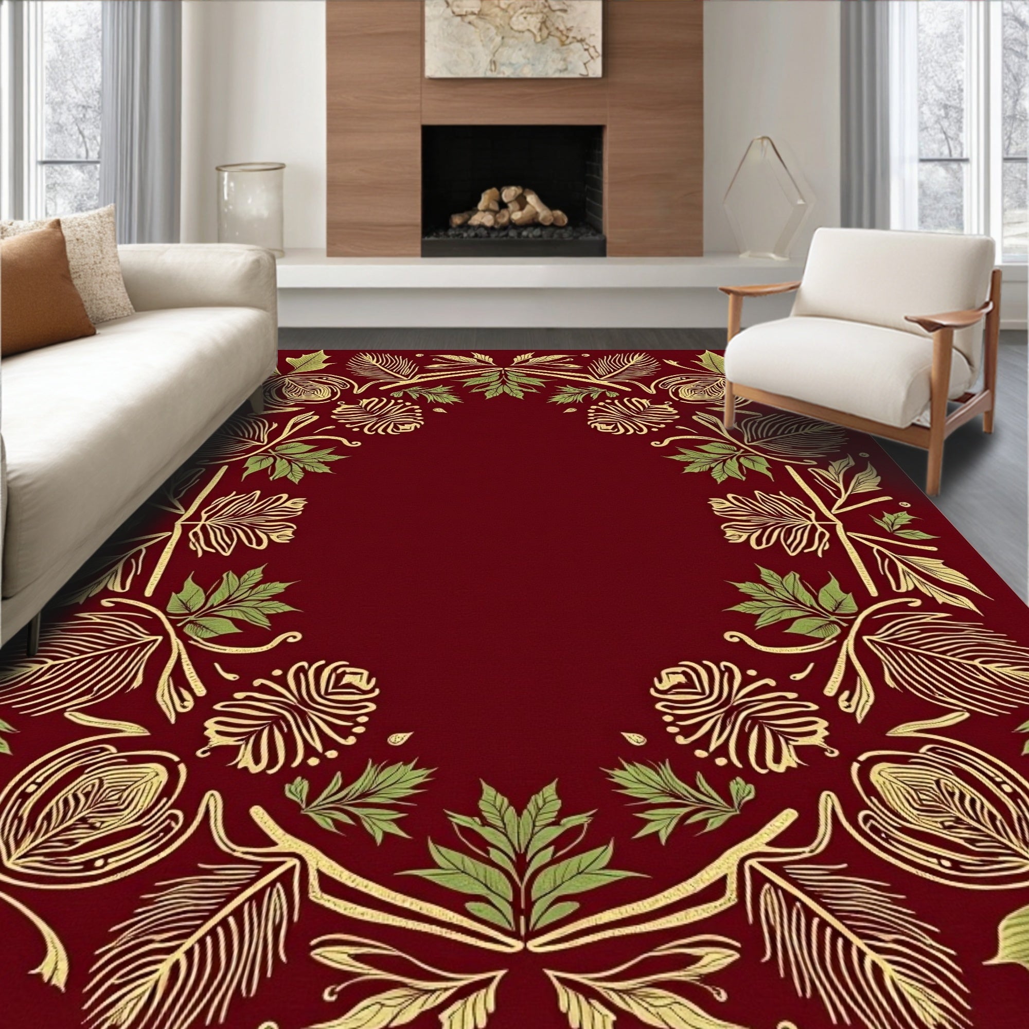 Deep Red Botanical Scroll Frame Rug