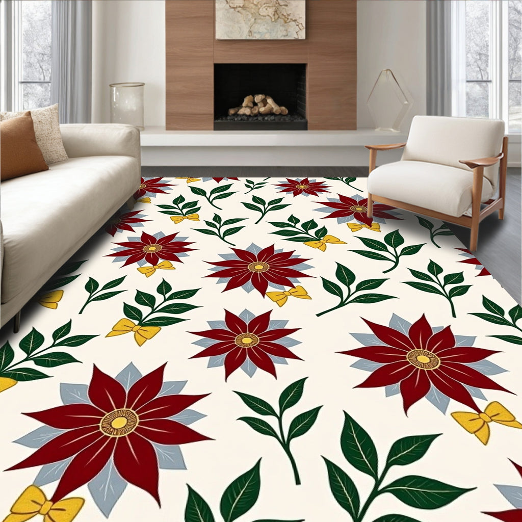 Crimson Floral Green Leaf Yellow Bow Rug