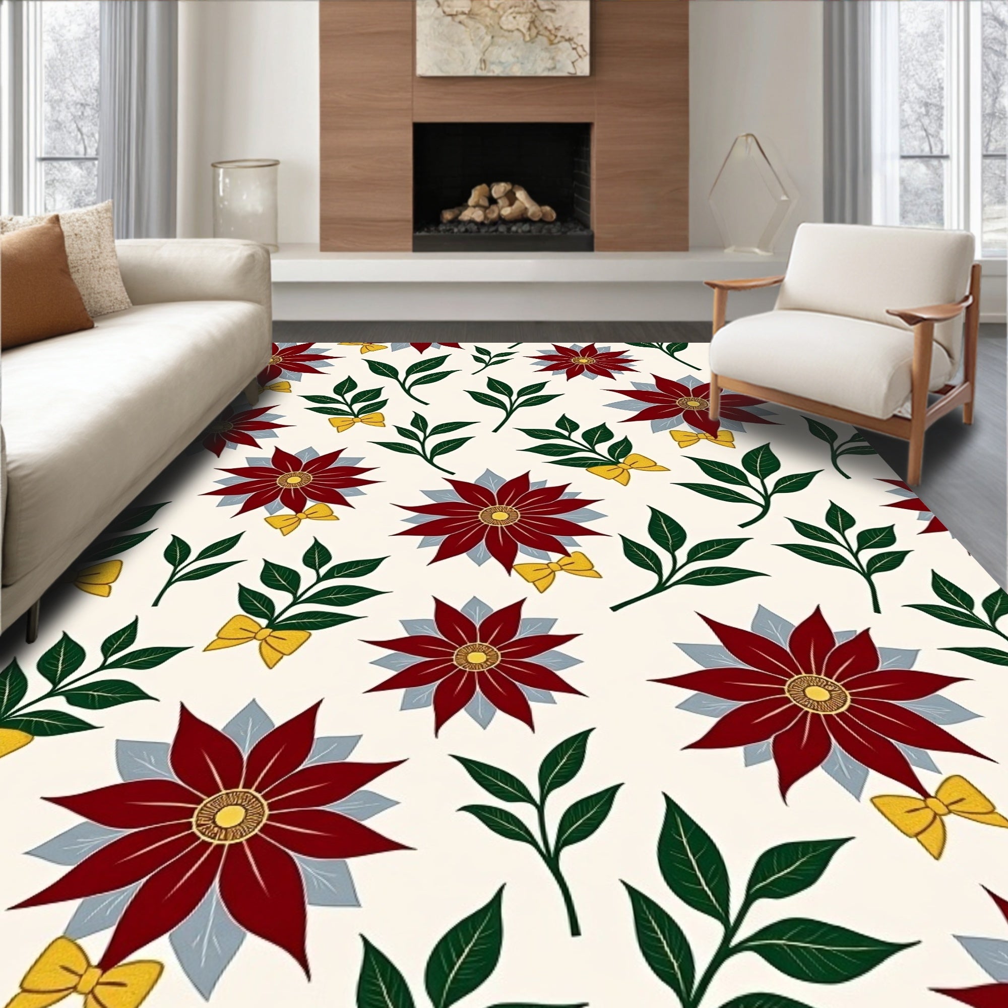 Crimson Floral Green Leaf Yellow Bow Rug