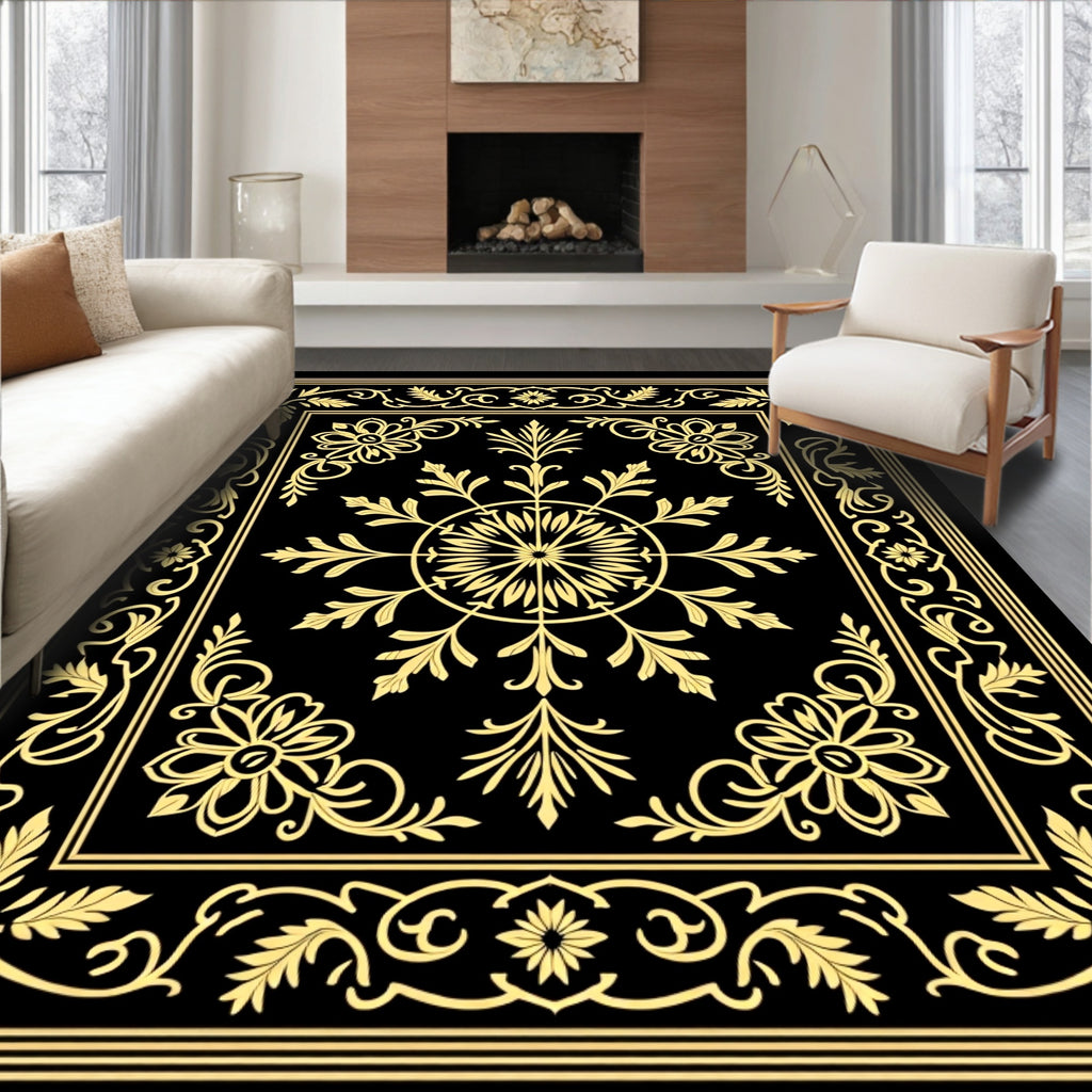 Ornate Black Gold Floral Medallion Border Rug