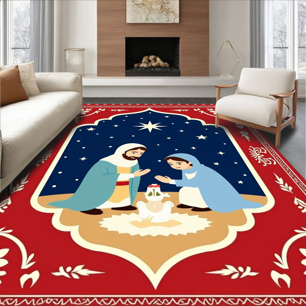 Crimson Festive Nativity Scene Rug