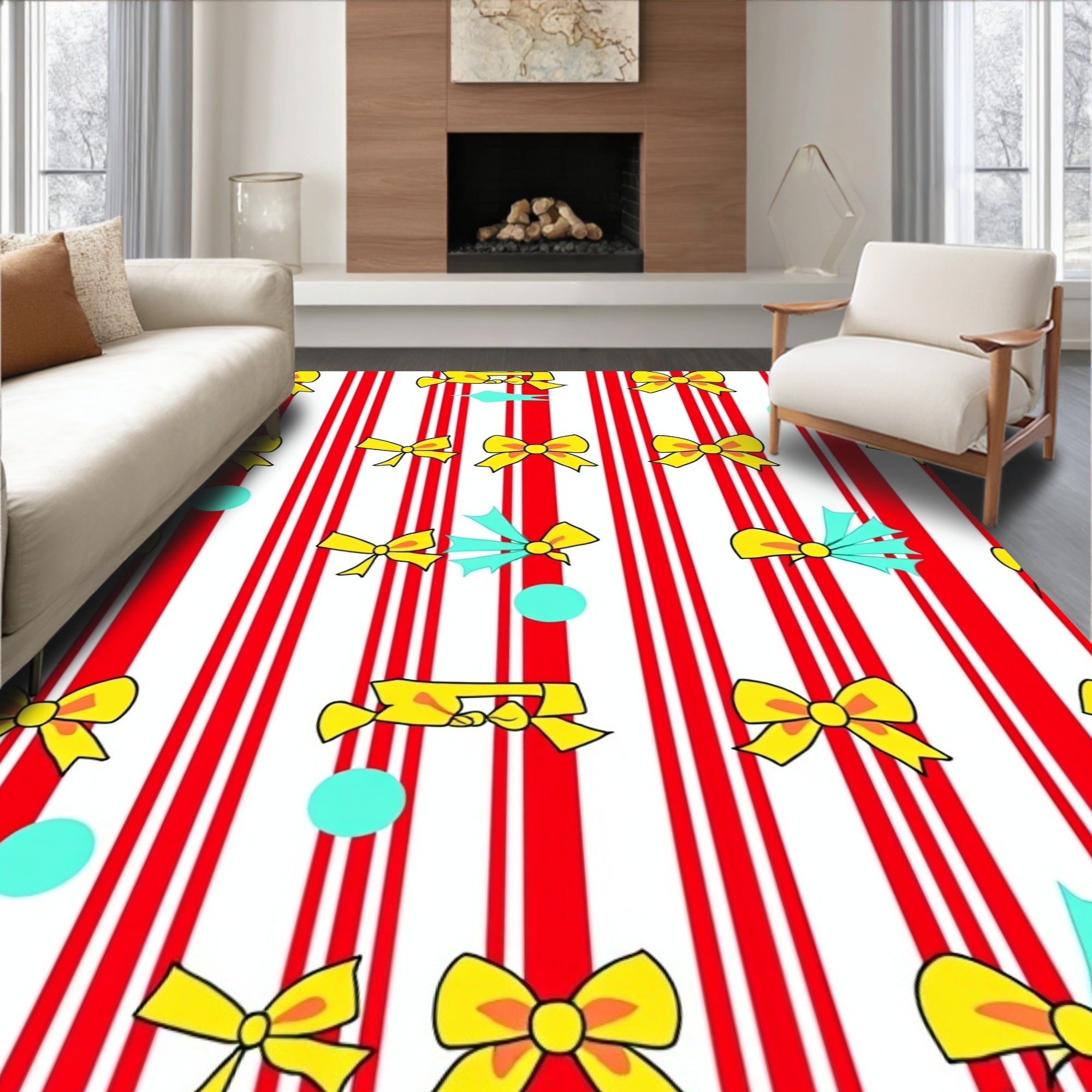 Red White Stripe Yellow Bow Accent Rug