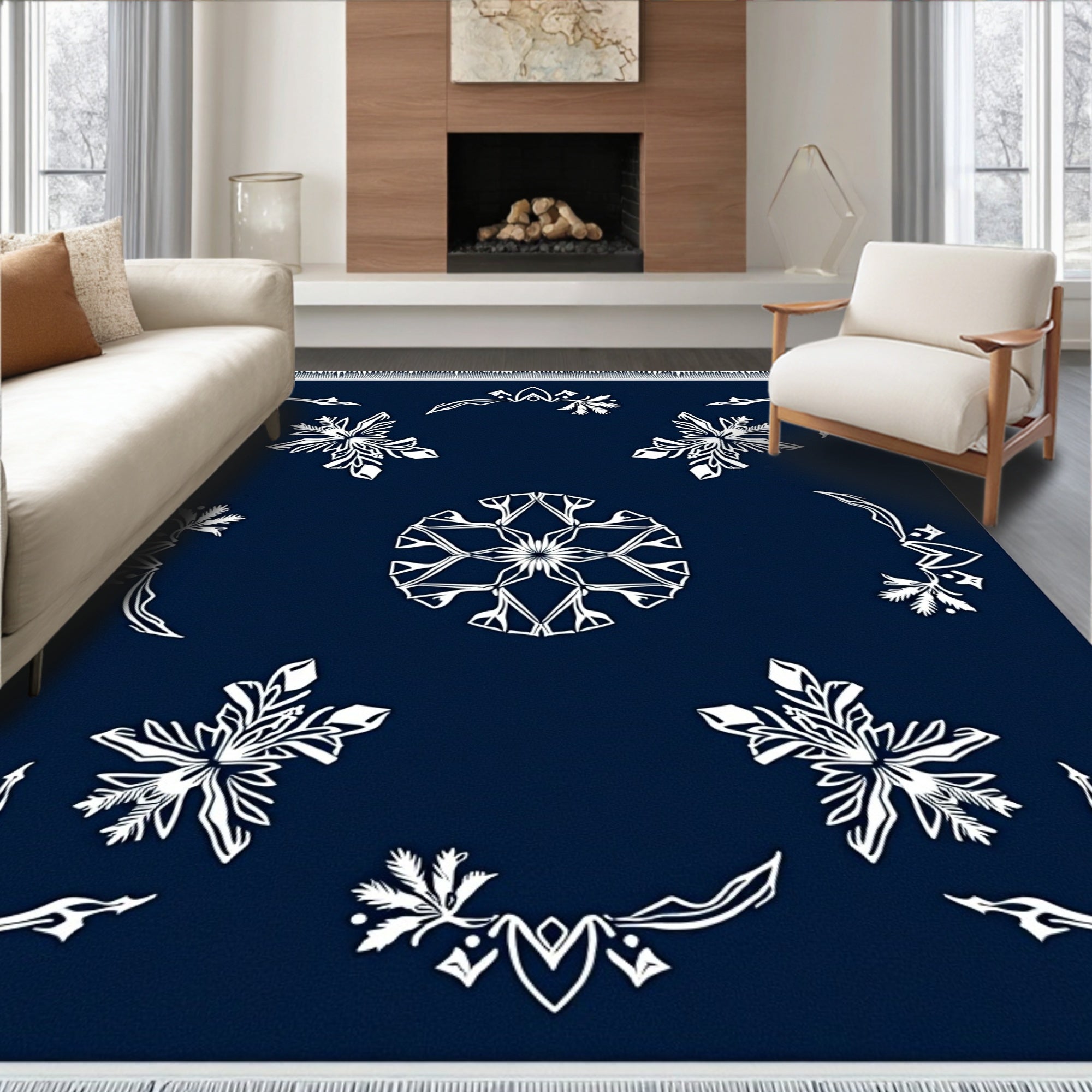 Deep Blue White Floral Medallion Rug
