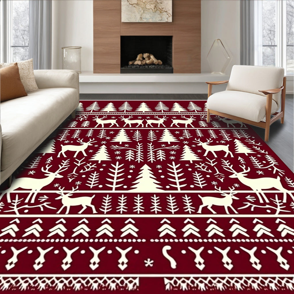 Crimson Forest Deer Snowflake Accents Rug