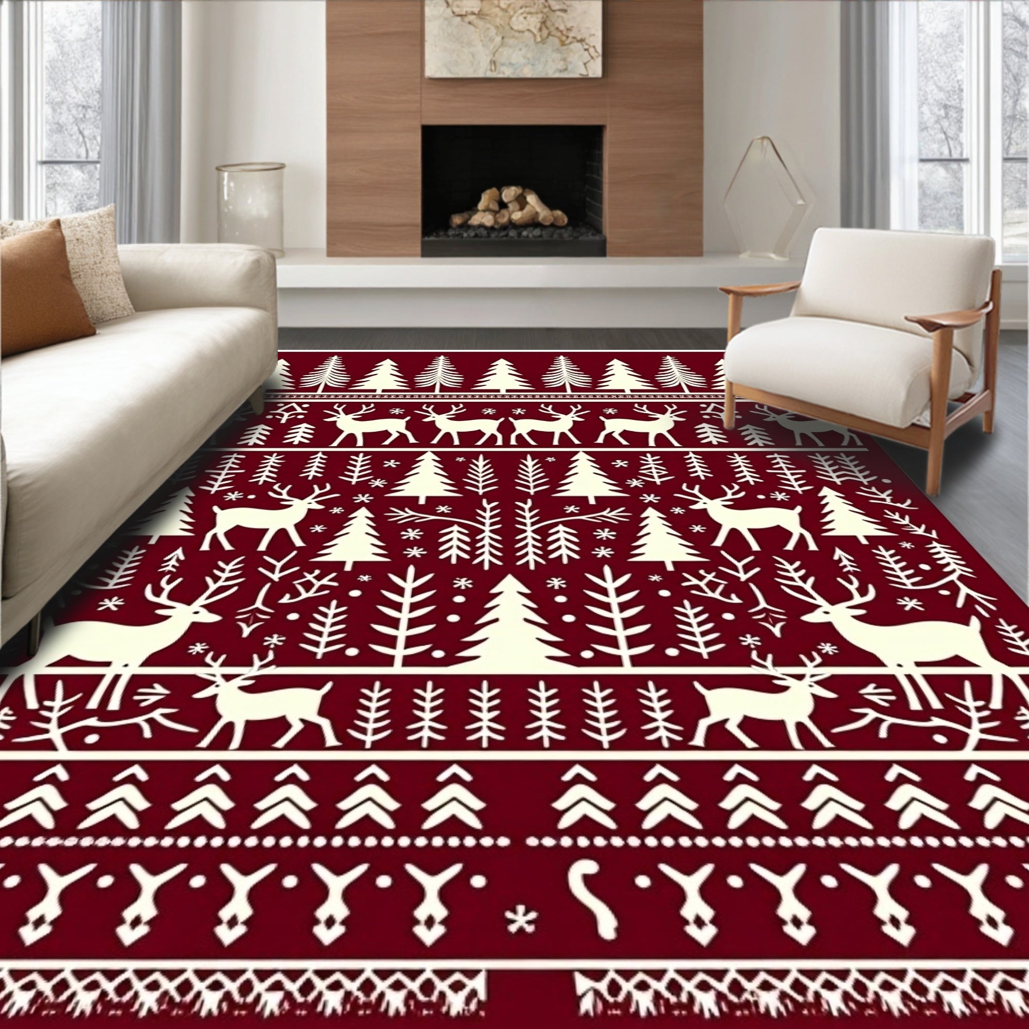Crimson Forest Deer Snowflake Accents Rug