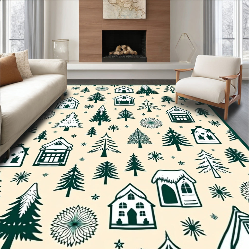 Cozy Forest Cabins and Evergreen Trees Rug