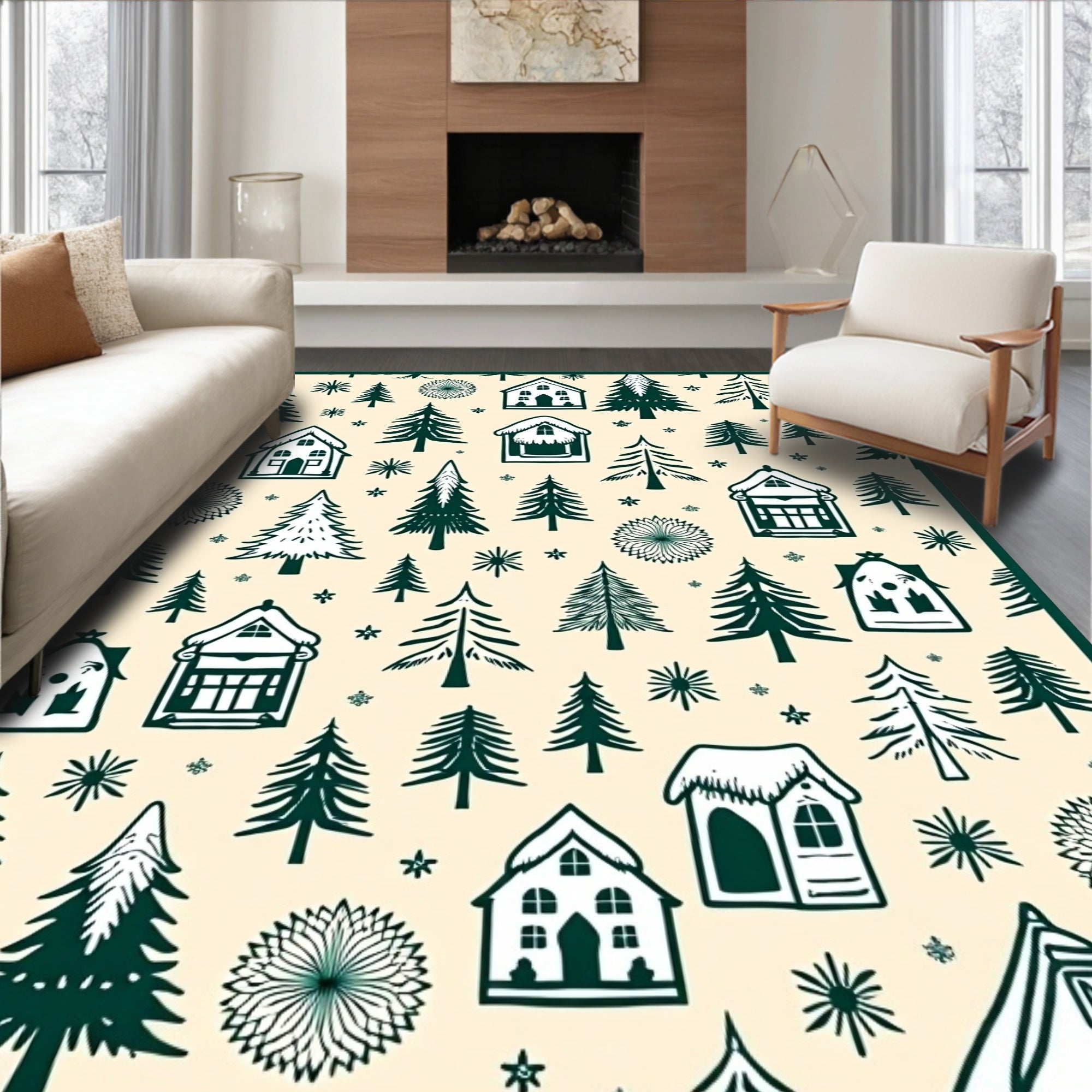 Cozy Forest Cabins and Evergreen Trees Rug