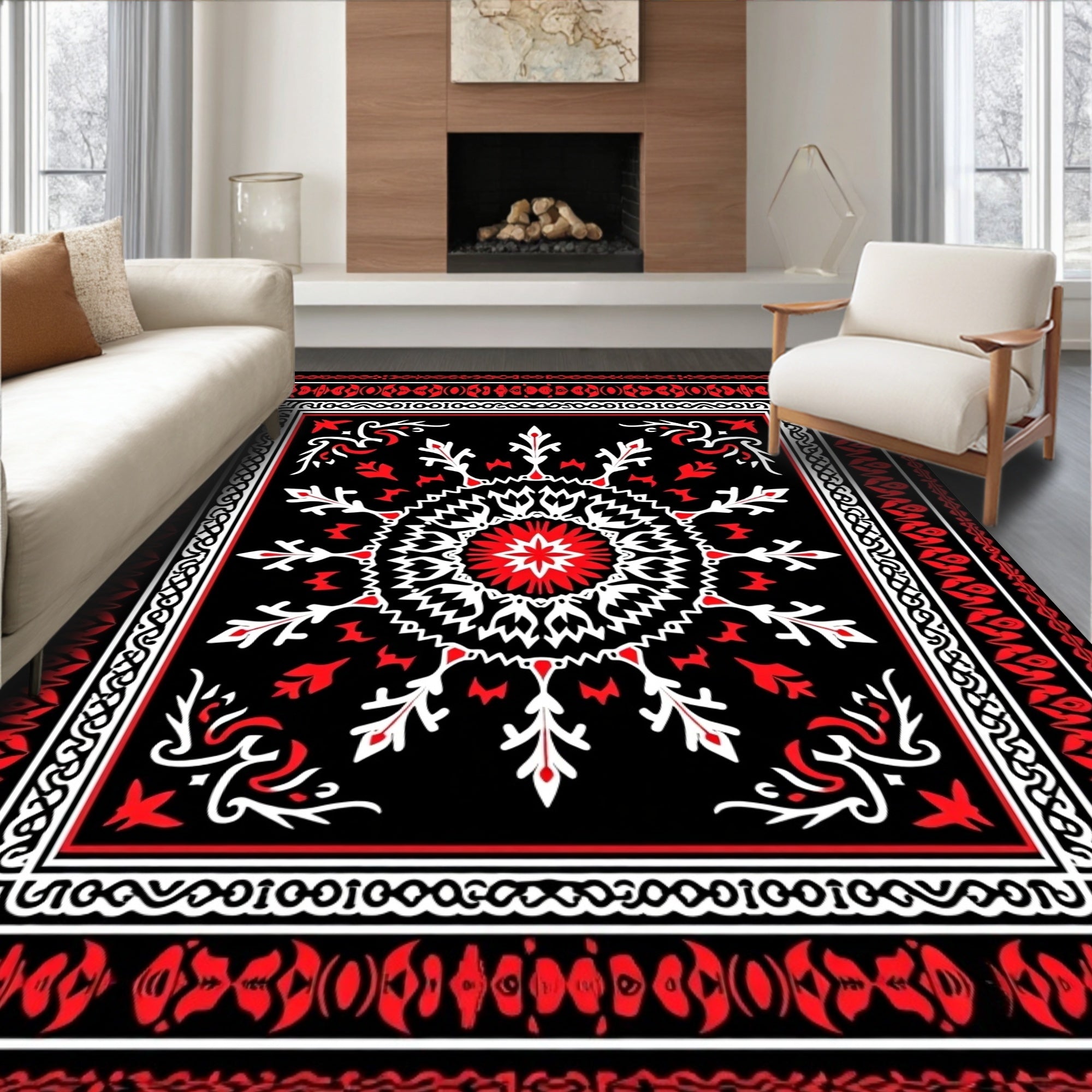 Bold Red Black White Medallion Rug